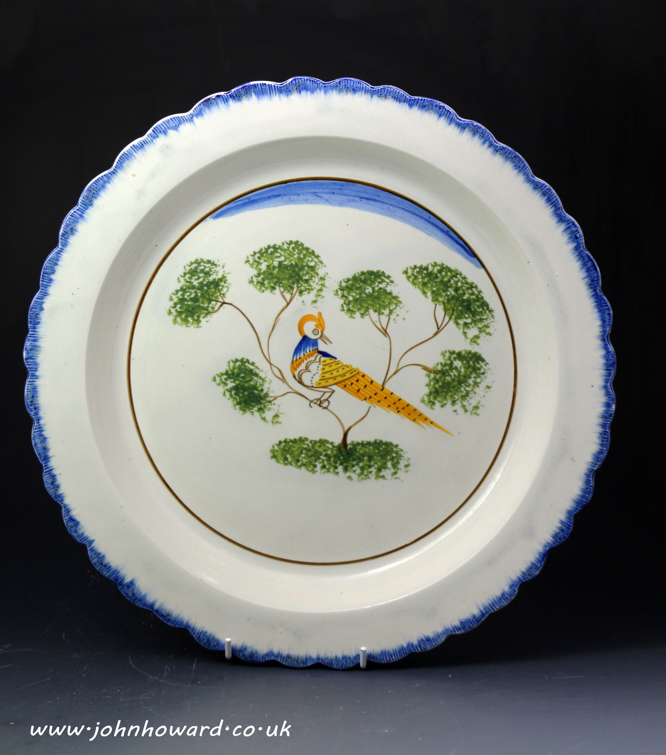 Antique pottery pearlware charger with Peafowl English early 19th century