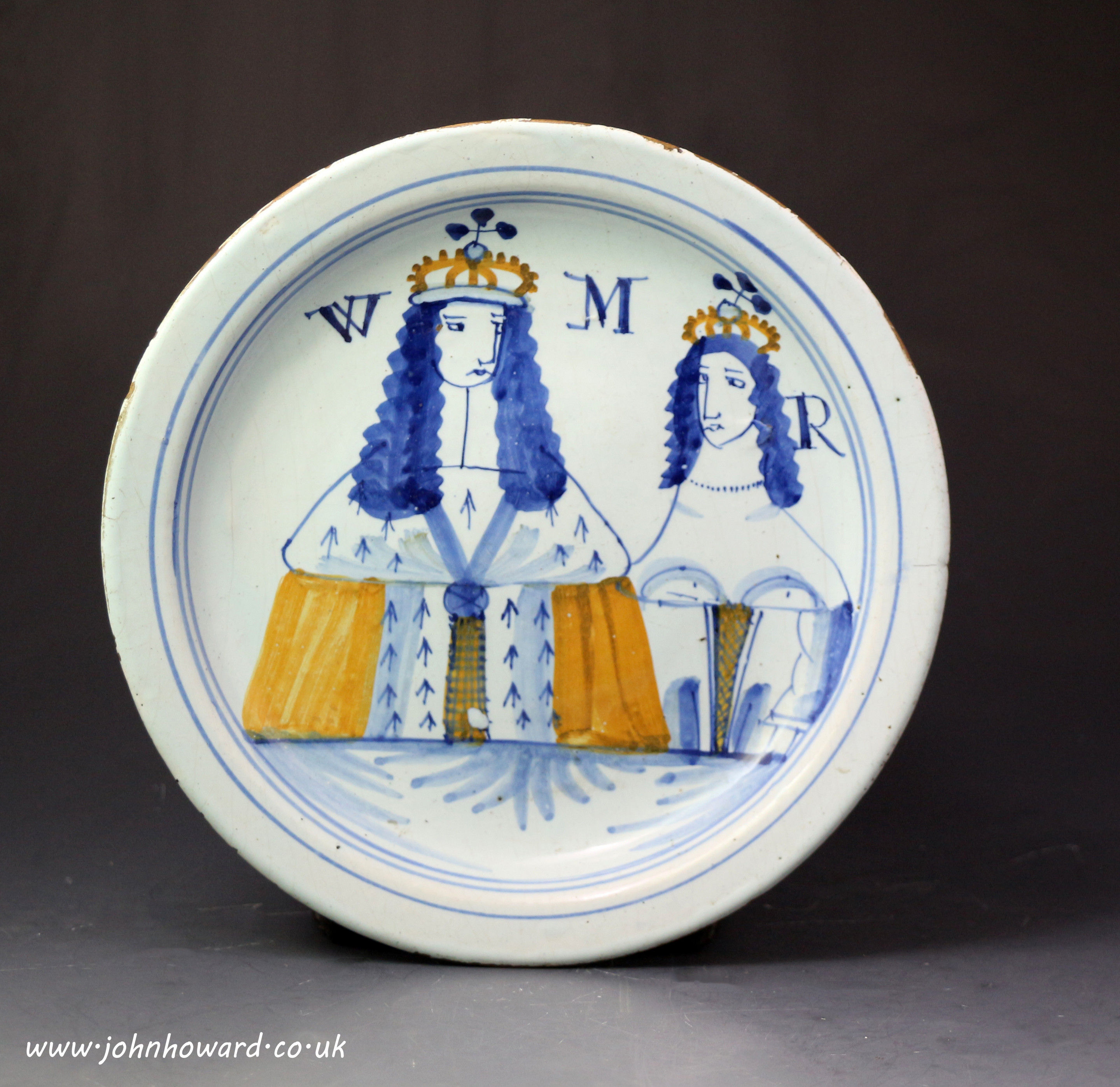 Antique English delft ware pottery plate commemorating King William and Queen Mary late 17th century