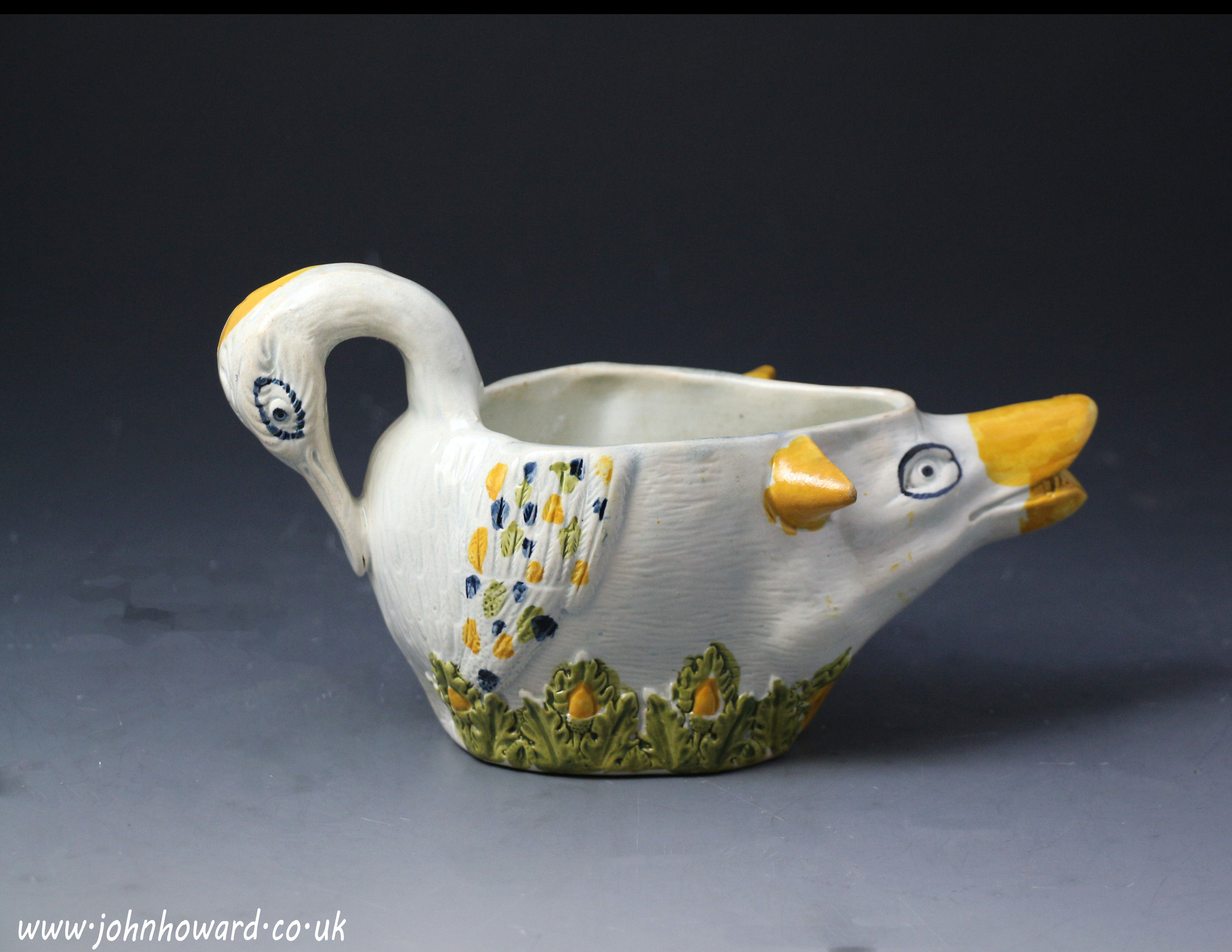 Antique English pottery Prattware sauce boat early 19th century, Staffordshire or Yorkshire Pottery.