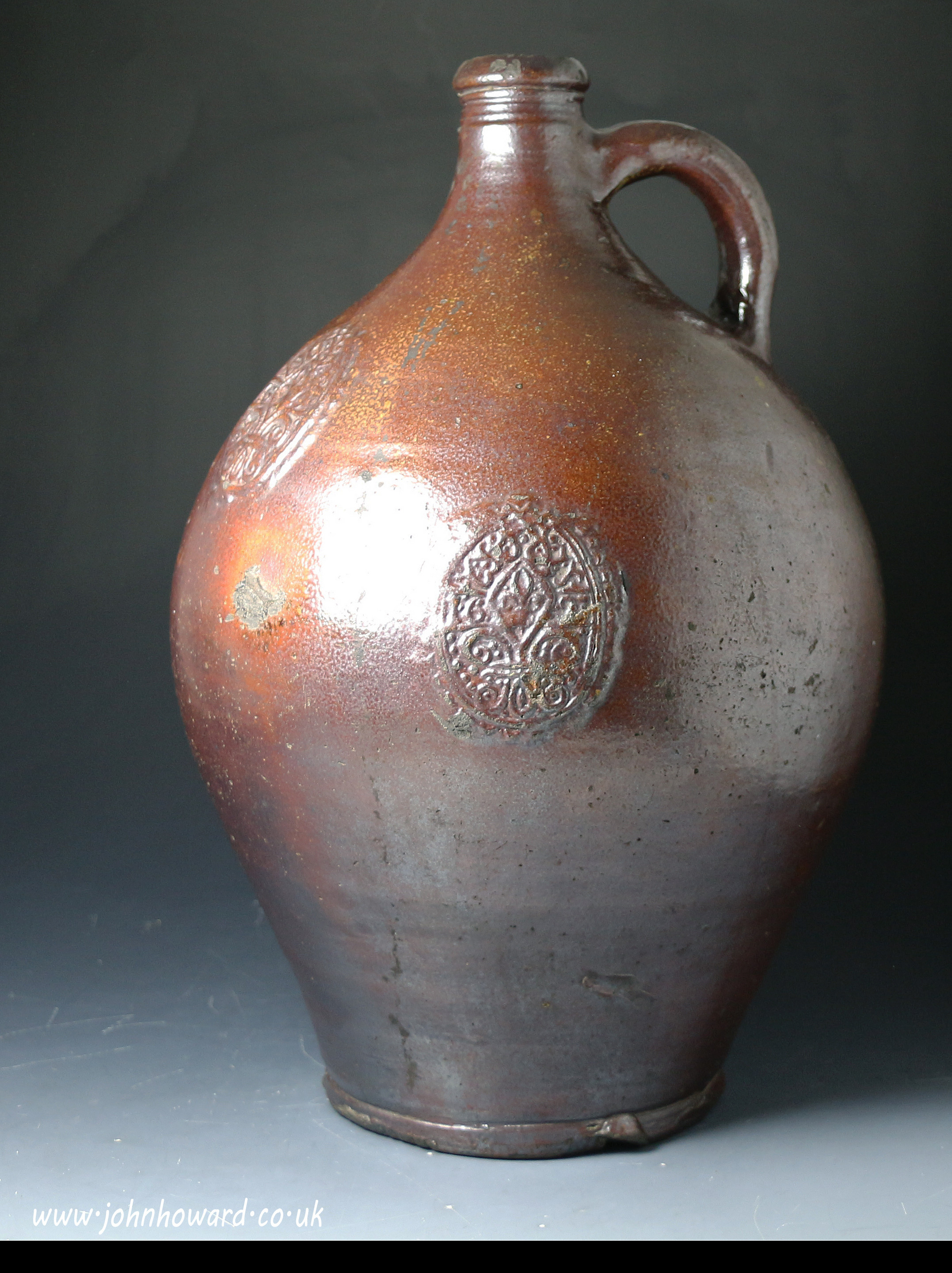 Early large stoneware Flemish  pottery bottled late 17th century dated 1693