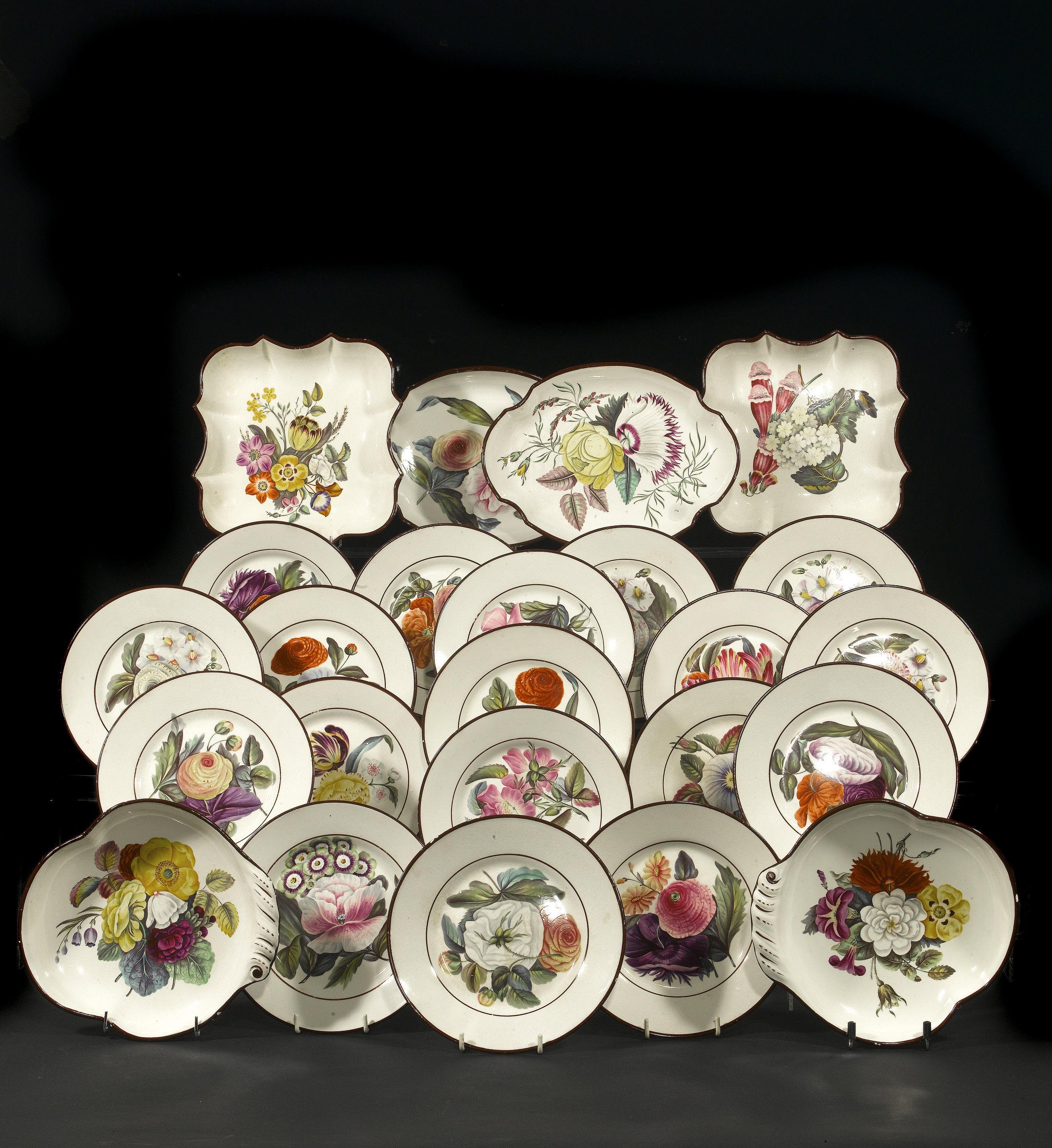 English pottery dessert service with botanicals, Don Pottery Yorkshire early 19th century