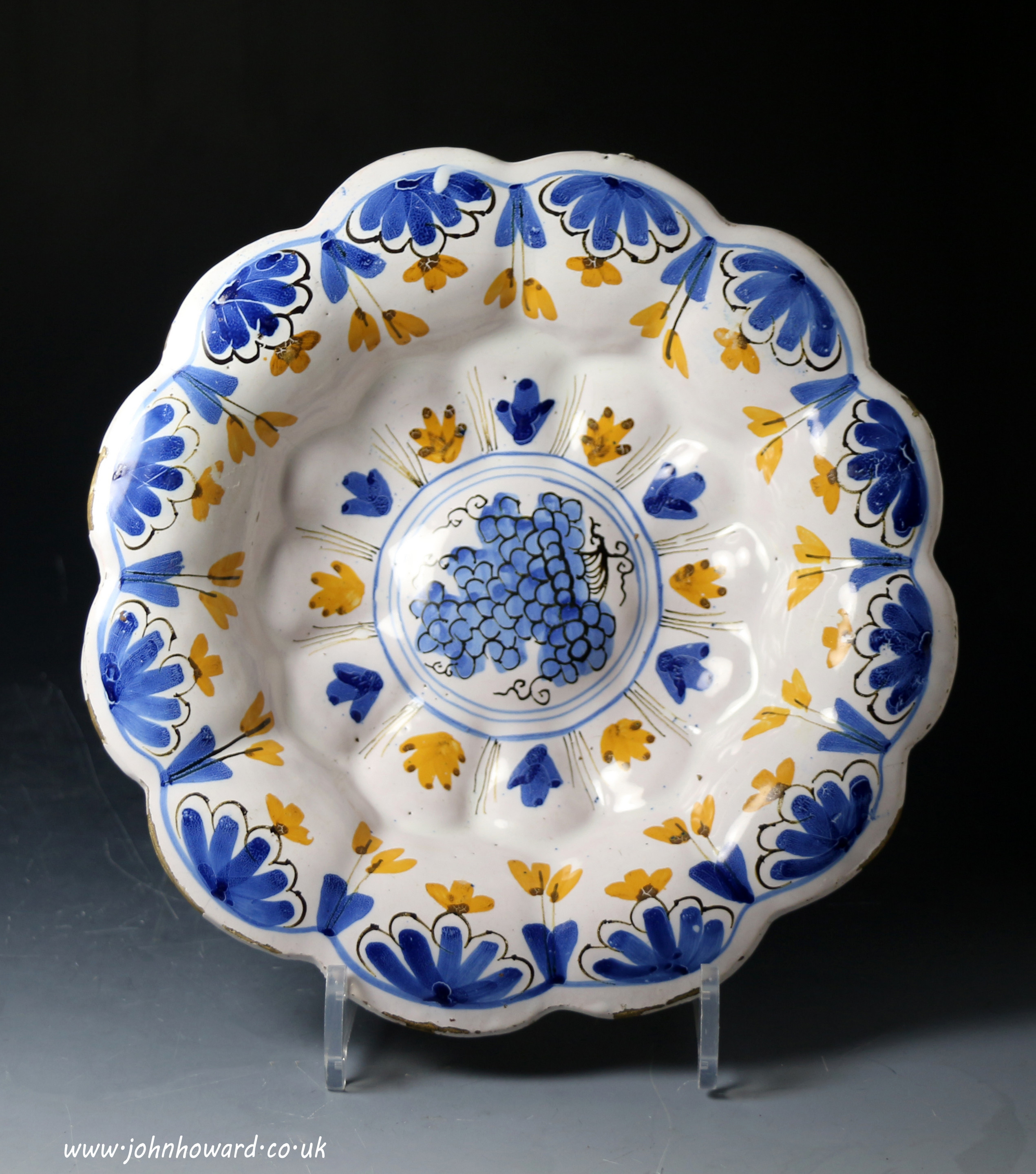 Antique English pottery delftware  lobed moulded dish ,late 17th century.