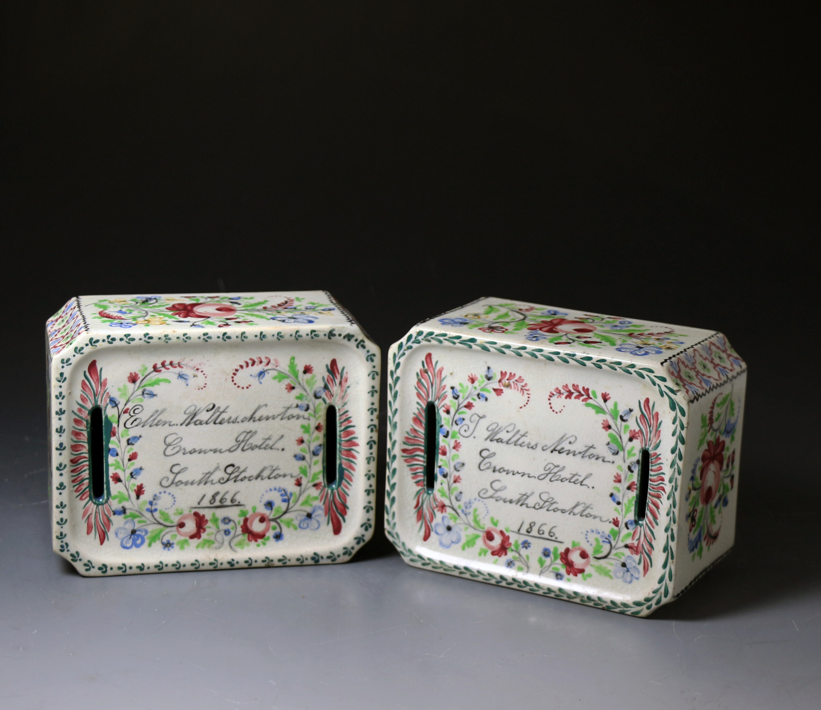 Pair of antique English pottery money banks named and dated  Walters Newton Stockton 1866