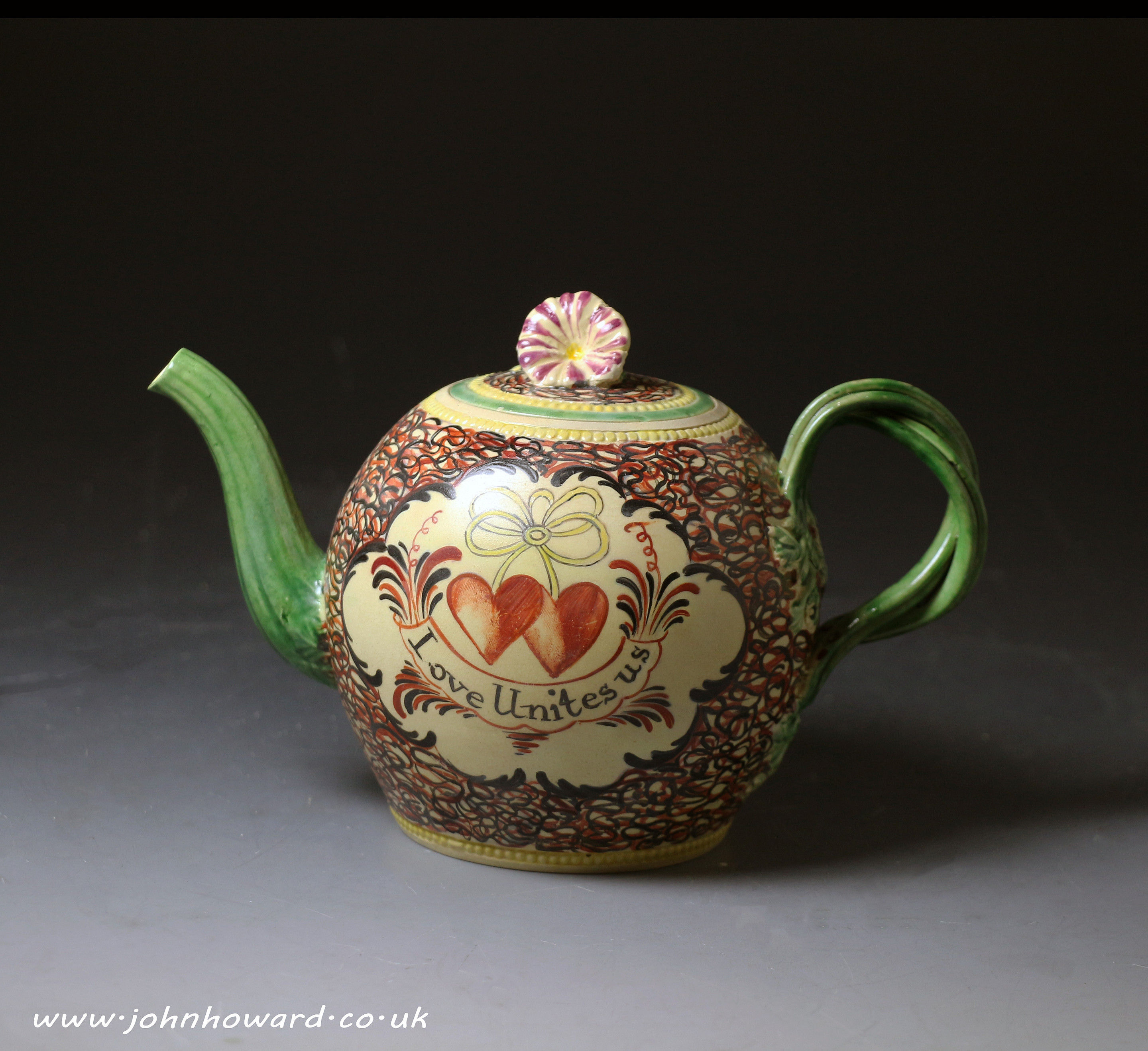 Antique creamware English pottery chintz pattern teapot 