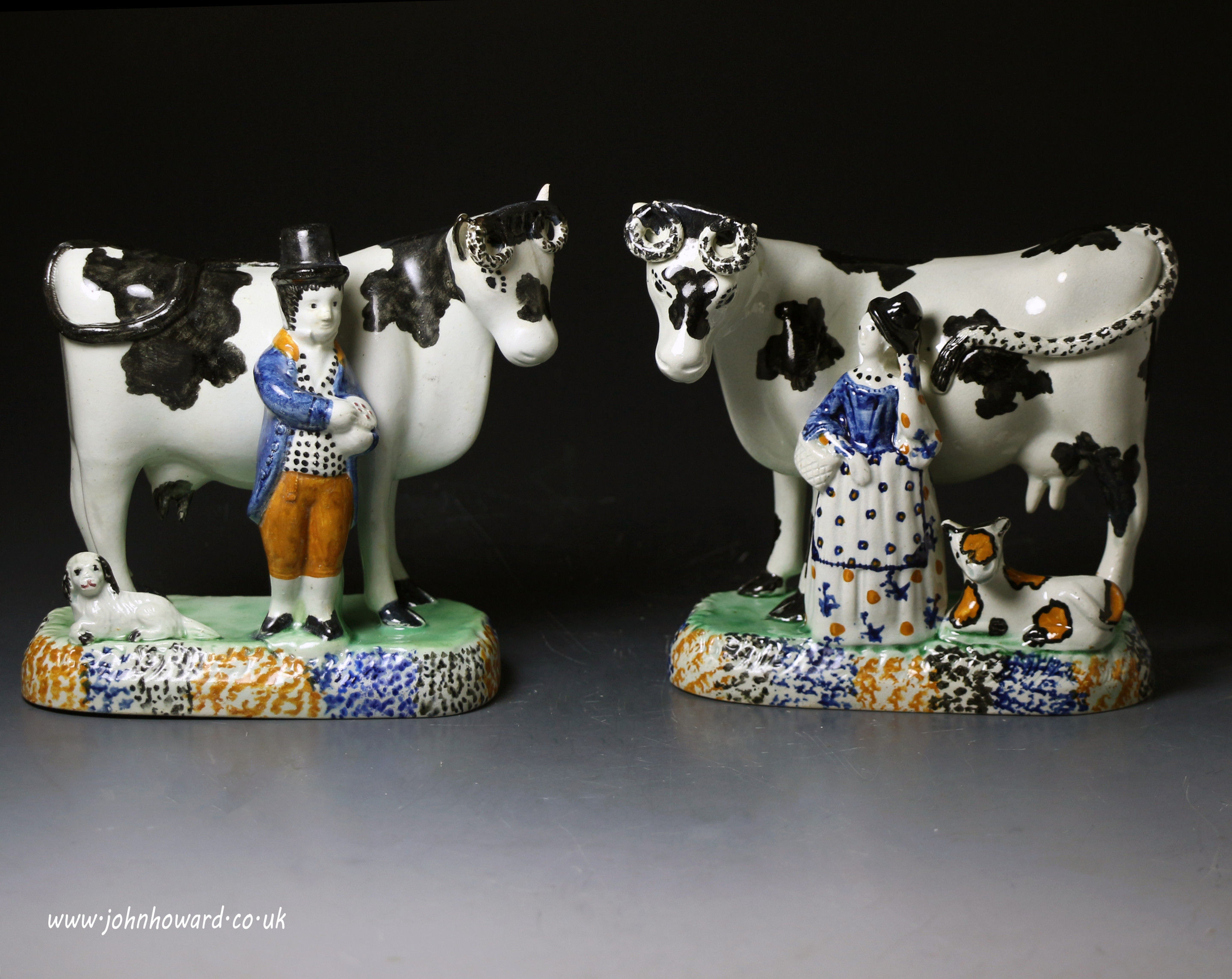 Antique Yorkshire pottery prattware cows with male and female attendants c1810 