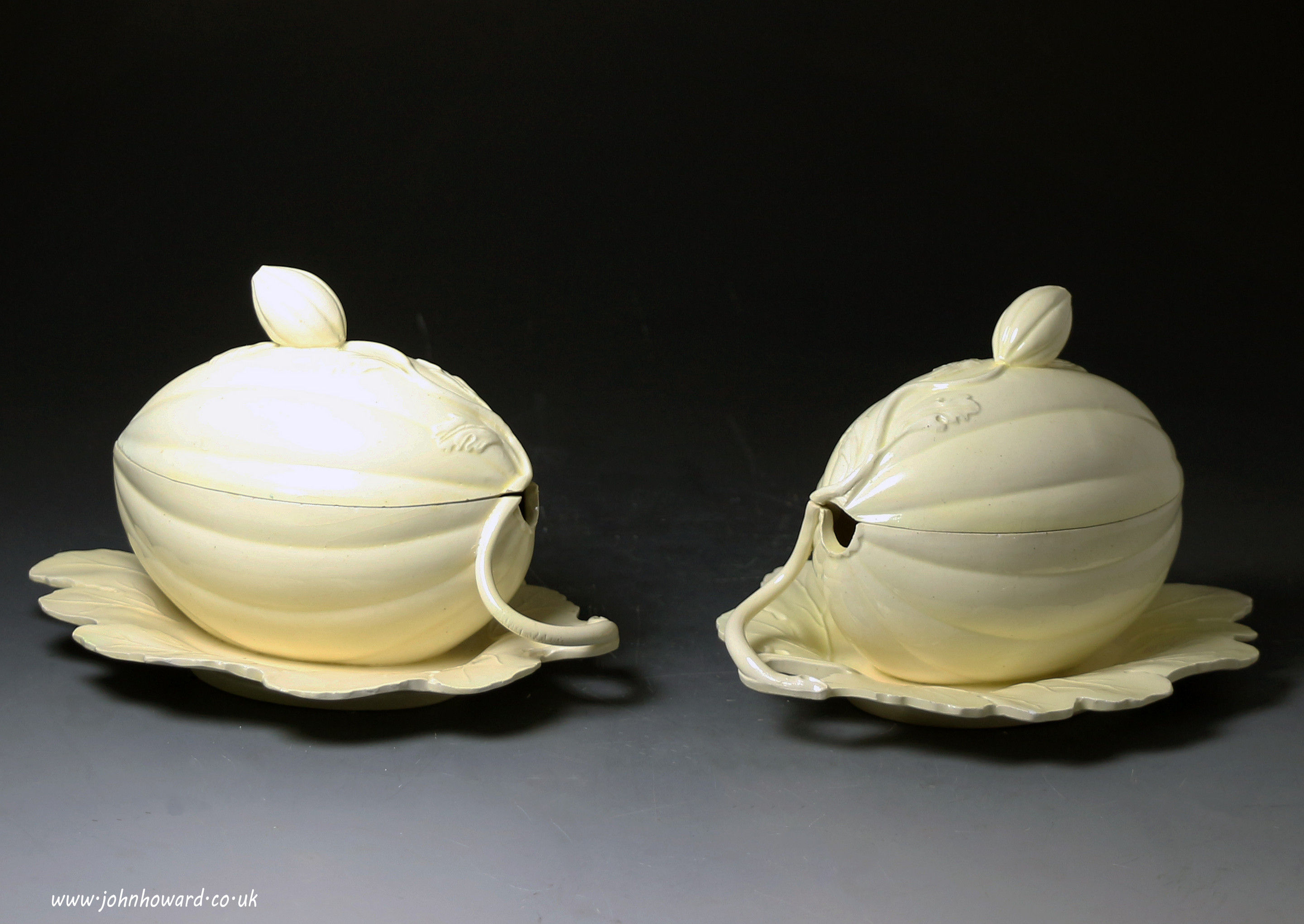 Pair of antique 18th century creamware pottery melon shape tureens. English.