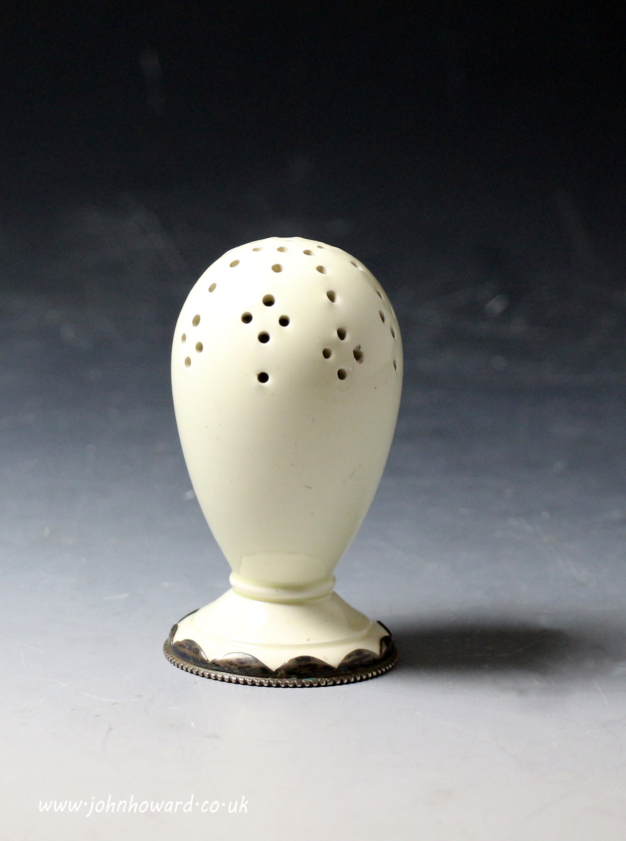 English creamware pottery dredger with white metal fittings, antique period c1770