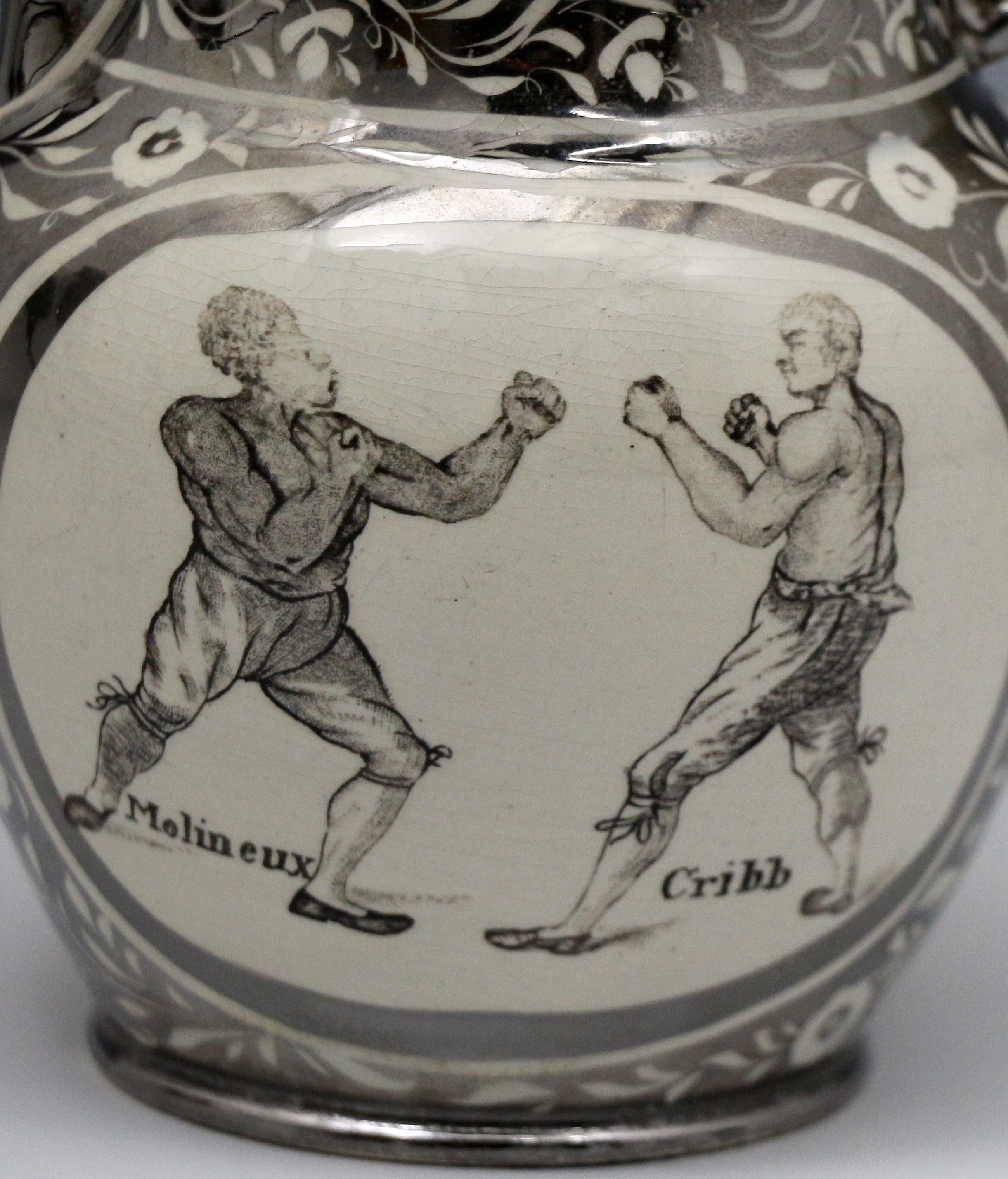 Pugilistic commemorative silver luster pitcher of the boxers Molyneux and Cribb