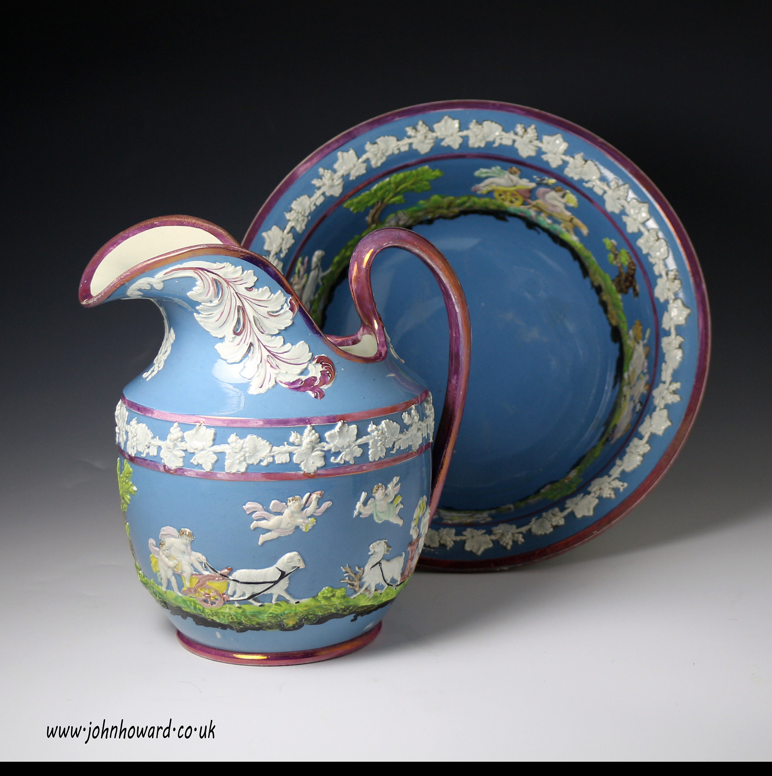 Antique English pottery ewer and basin with luster decoration by Wood and Caldwell Staffordshire circa 1820