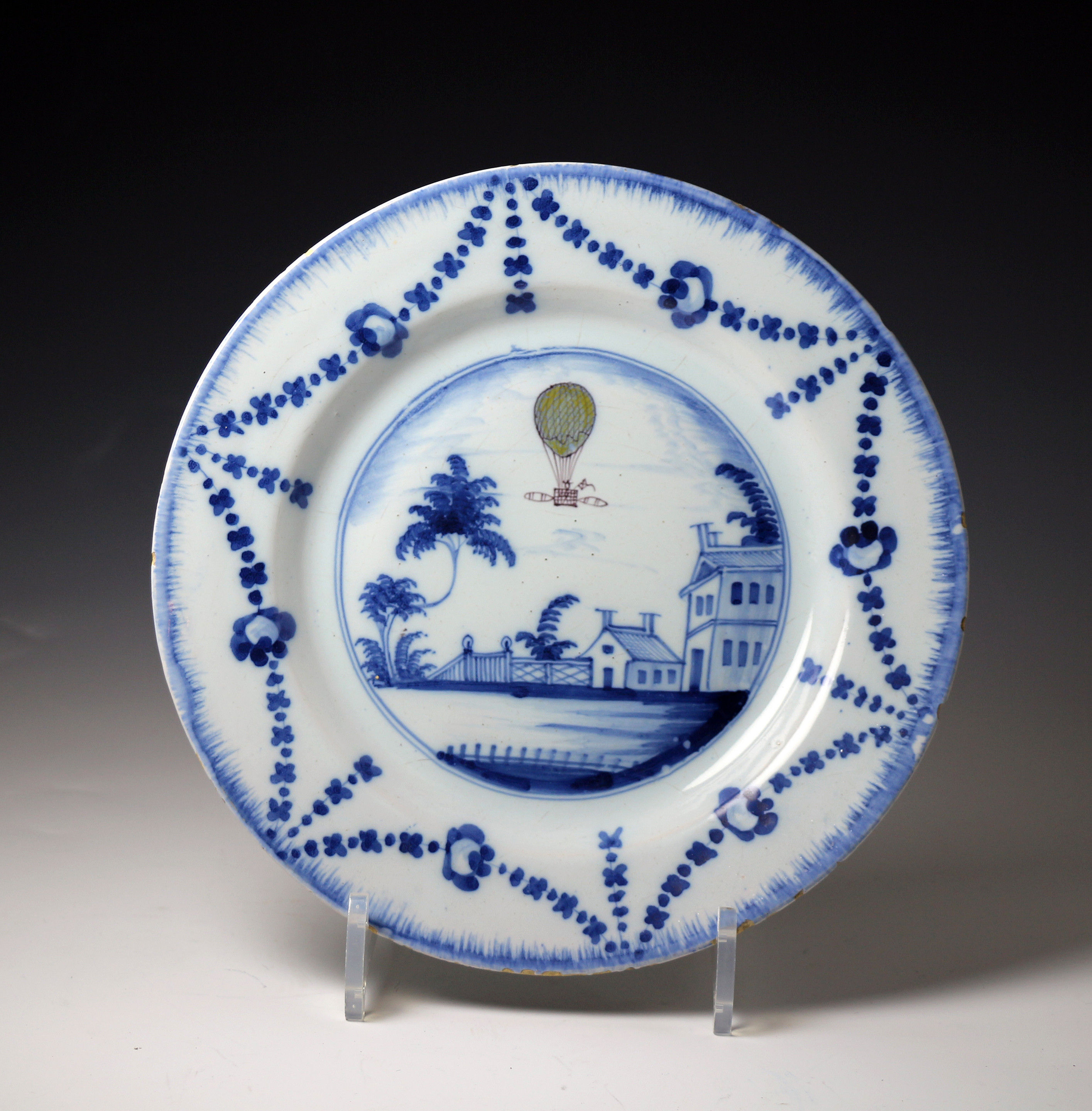 Antique English delftware pottery Balloon plate, London c1785