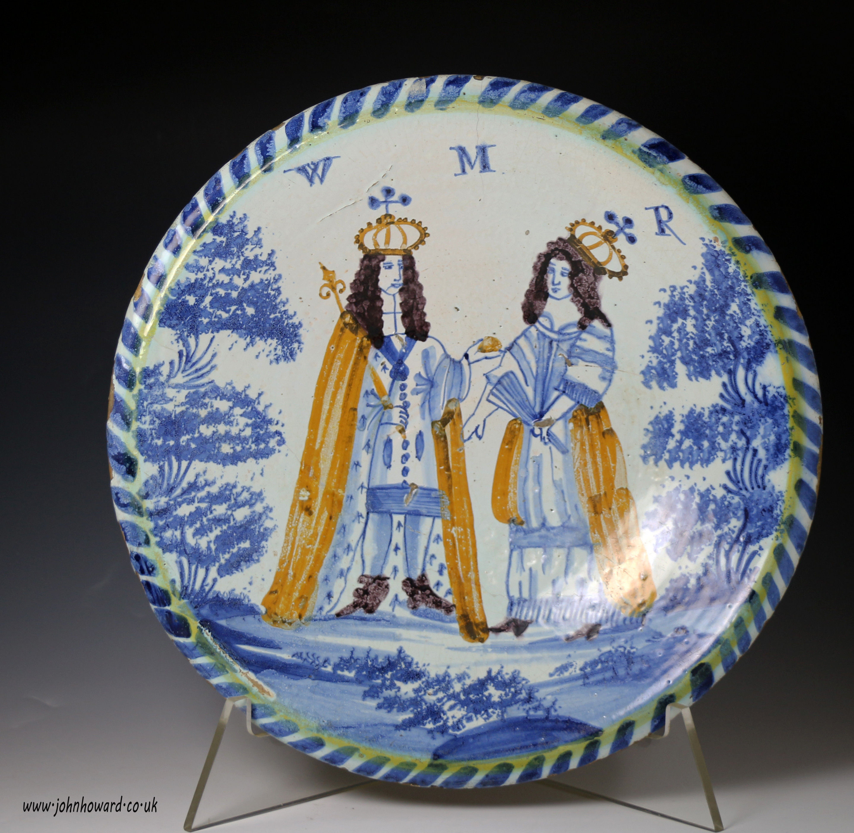 English delftware pottery  royalty blue dash charger , King William and Queen Mary late 17th century.