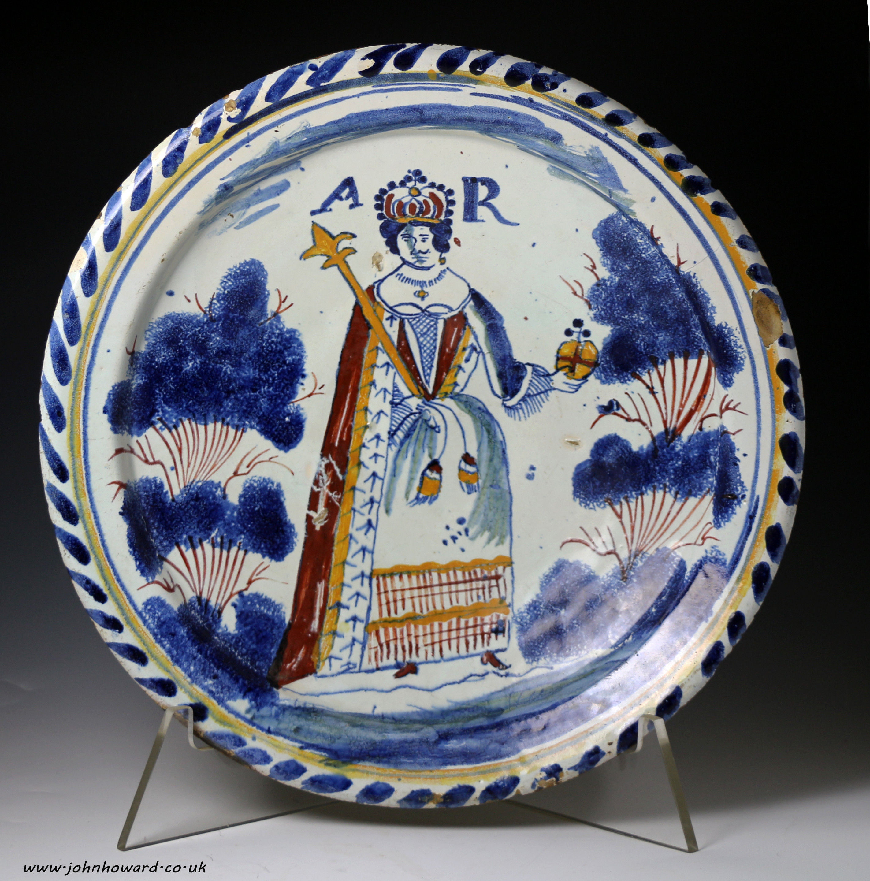 English delftware earthenware blue dash Royalty portrait charger Queen Anne circa 1700 period, Bristol or Brislington.