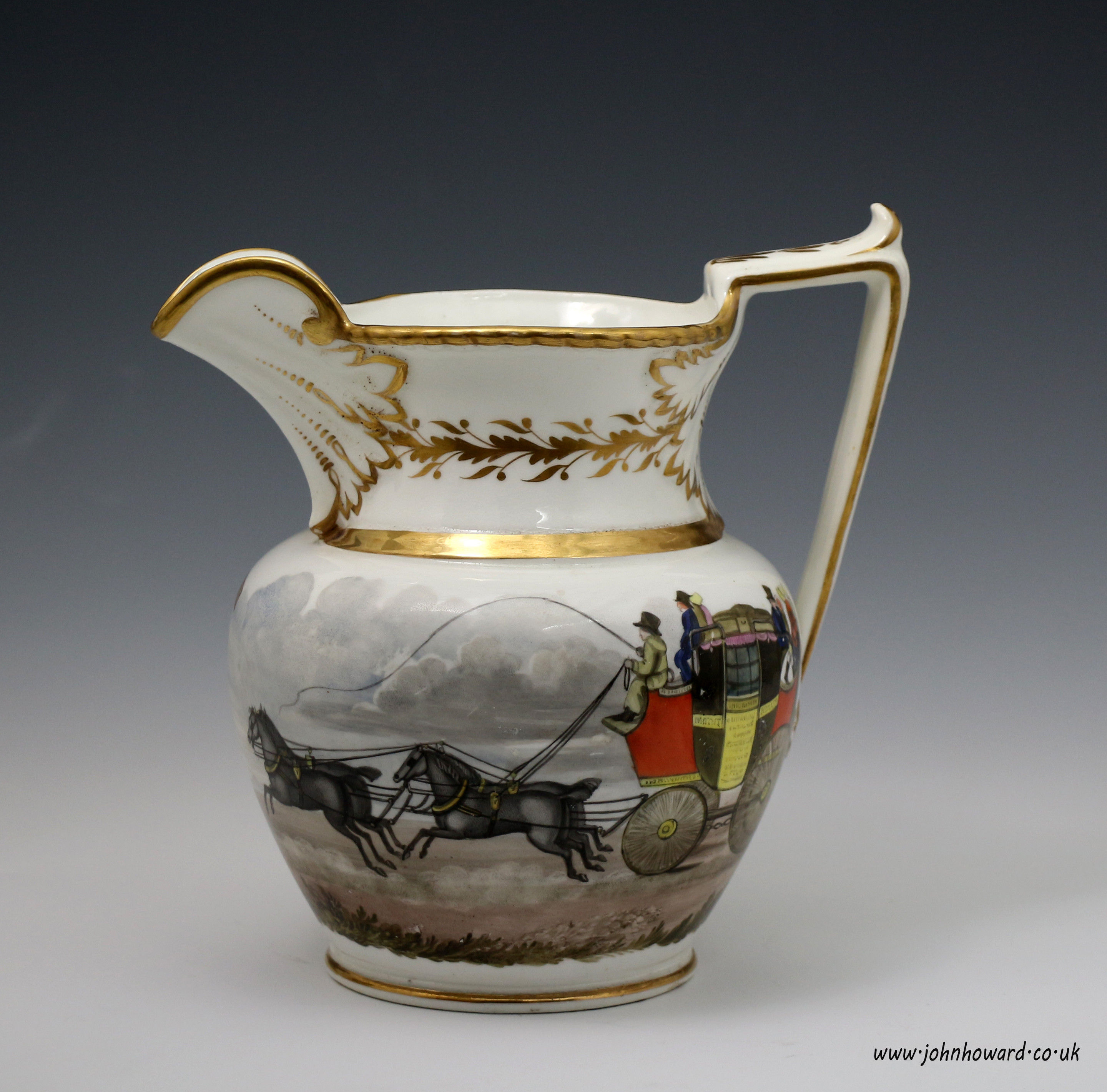 Antique English porcelain pitcher with hand decorated coaching scene, early 19th century