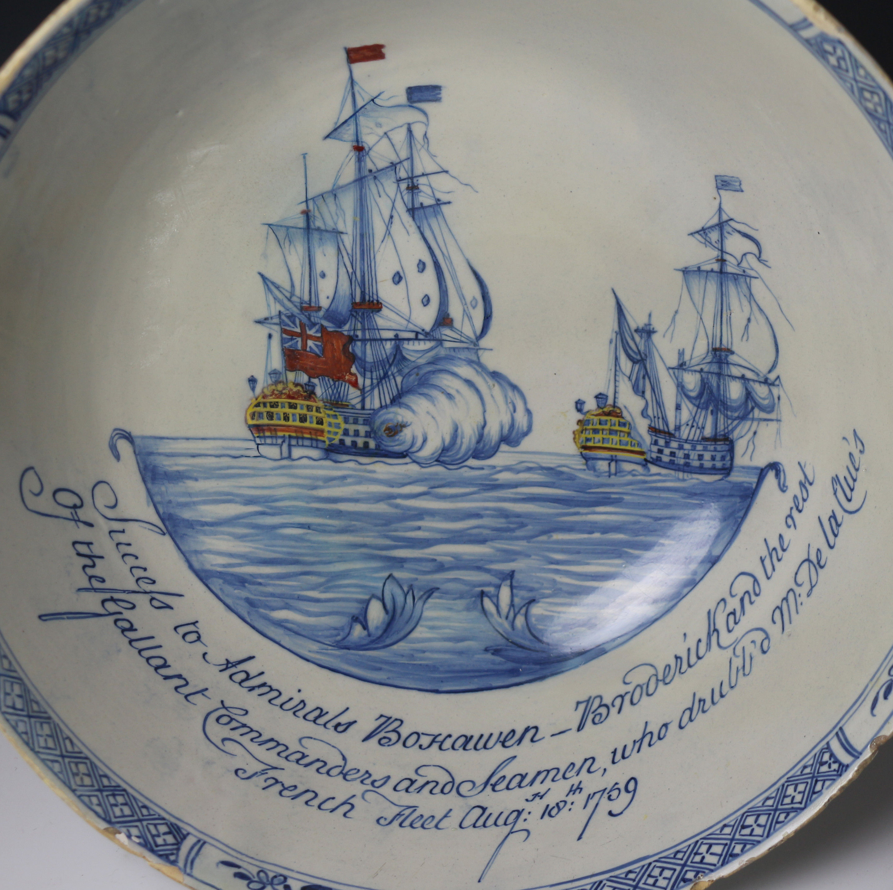 Liverpool English delftware bowl commemorative Naval Battle Lagos dated 1759