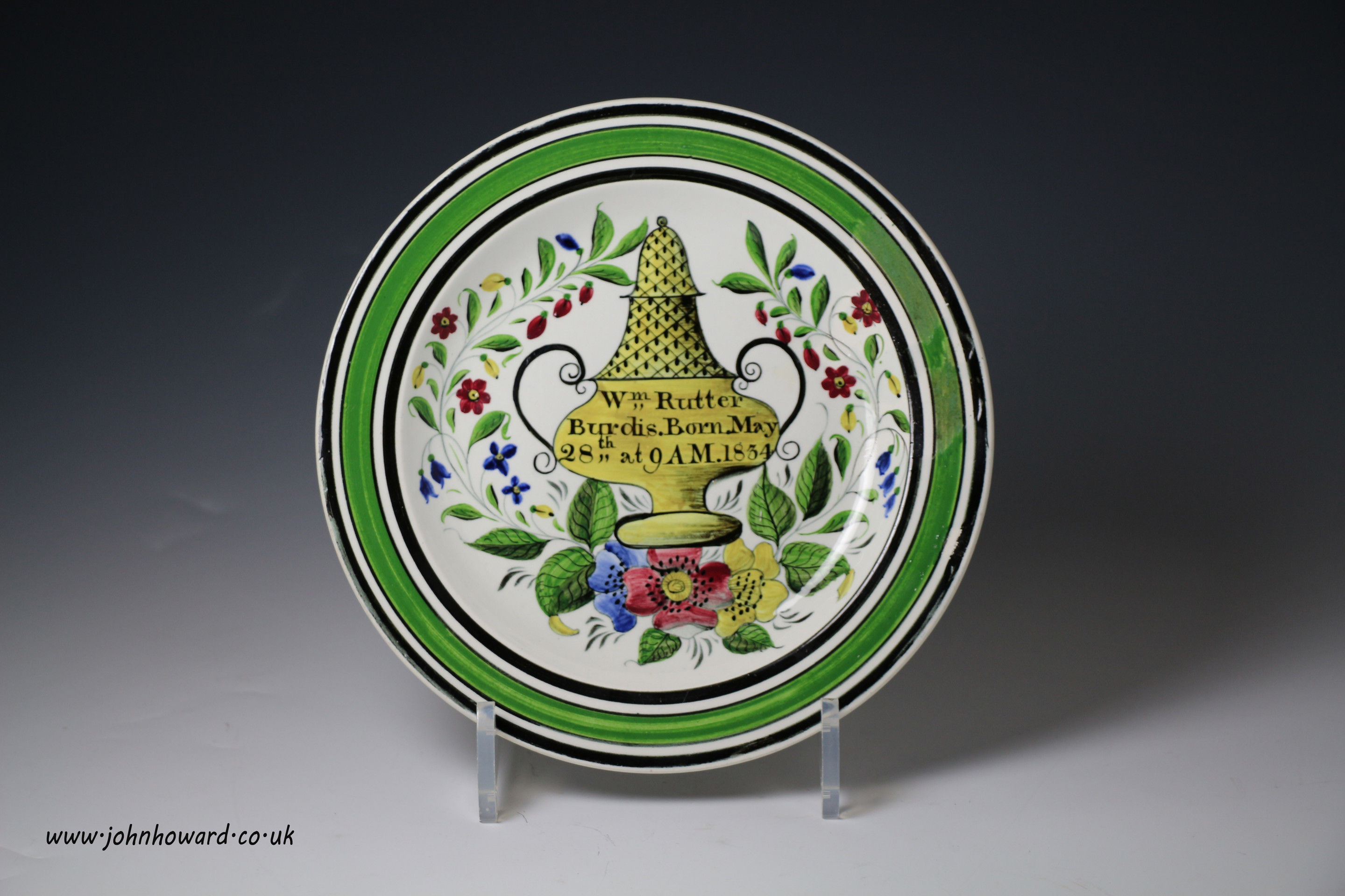 Christening plate for Wm Rutter Burdis dated 1834 made by Dawson Pottery Sunderland