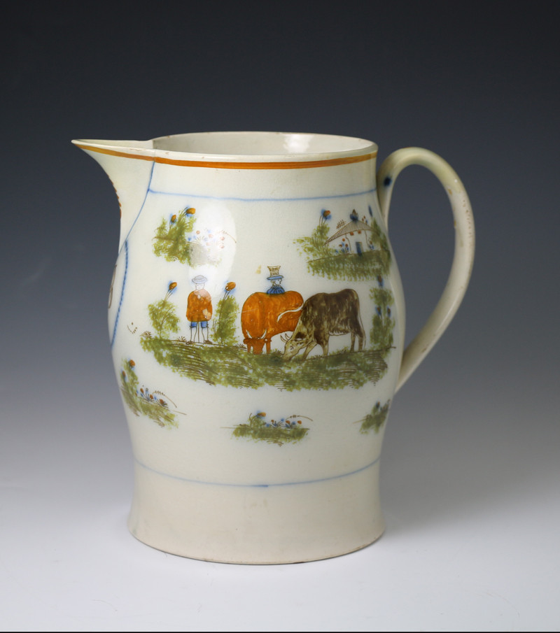 English pottery prattware pitcher with farm yard scene dated 1790