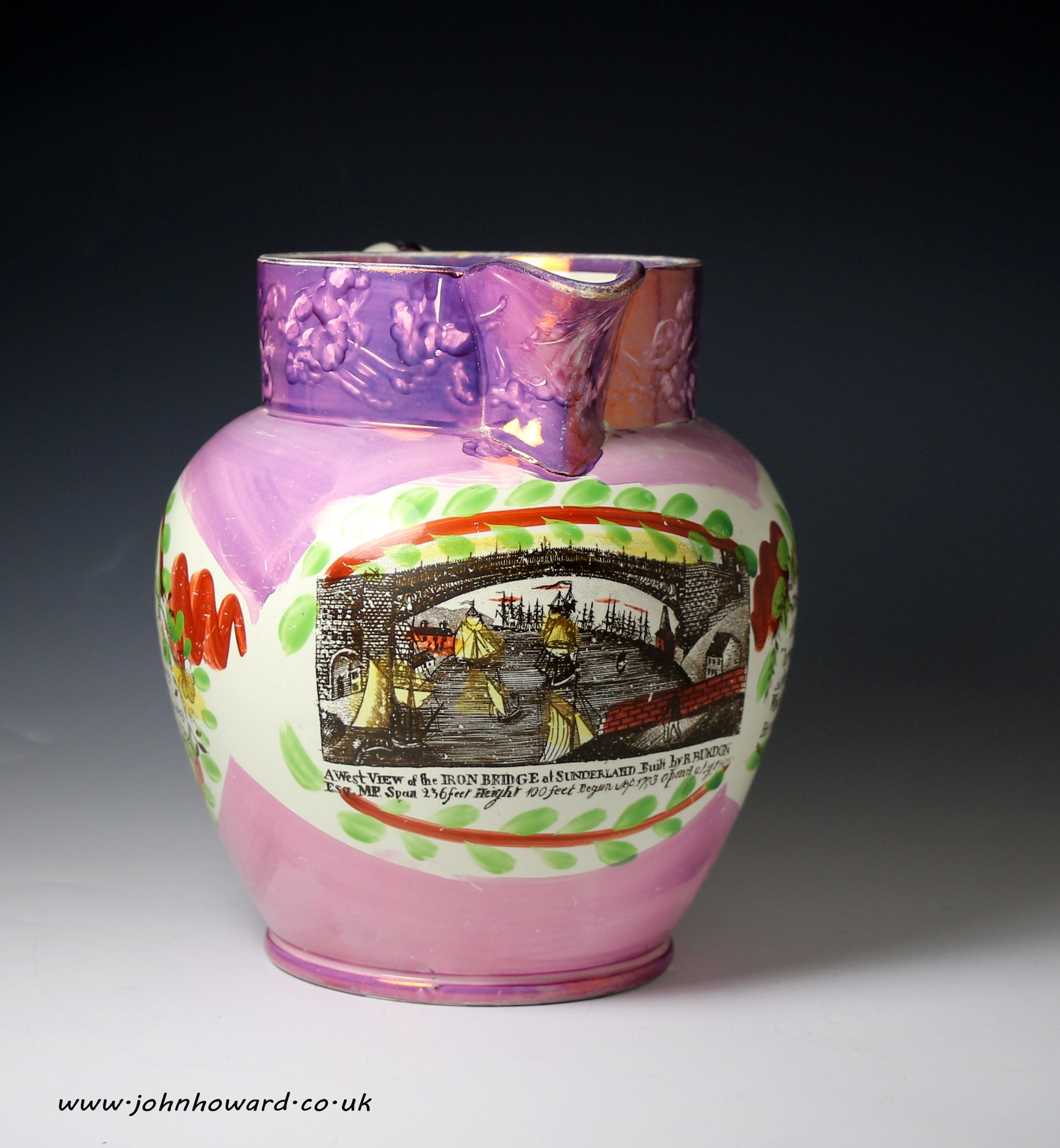 Antique Pink luster Tyneside pottery pitcher with image of the Sunderland Bridge over the Wear c1820