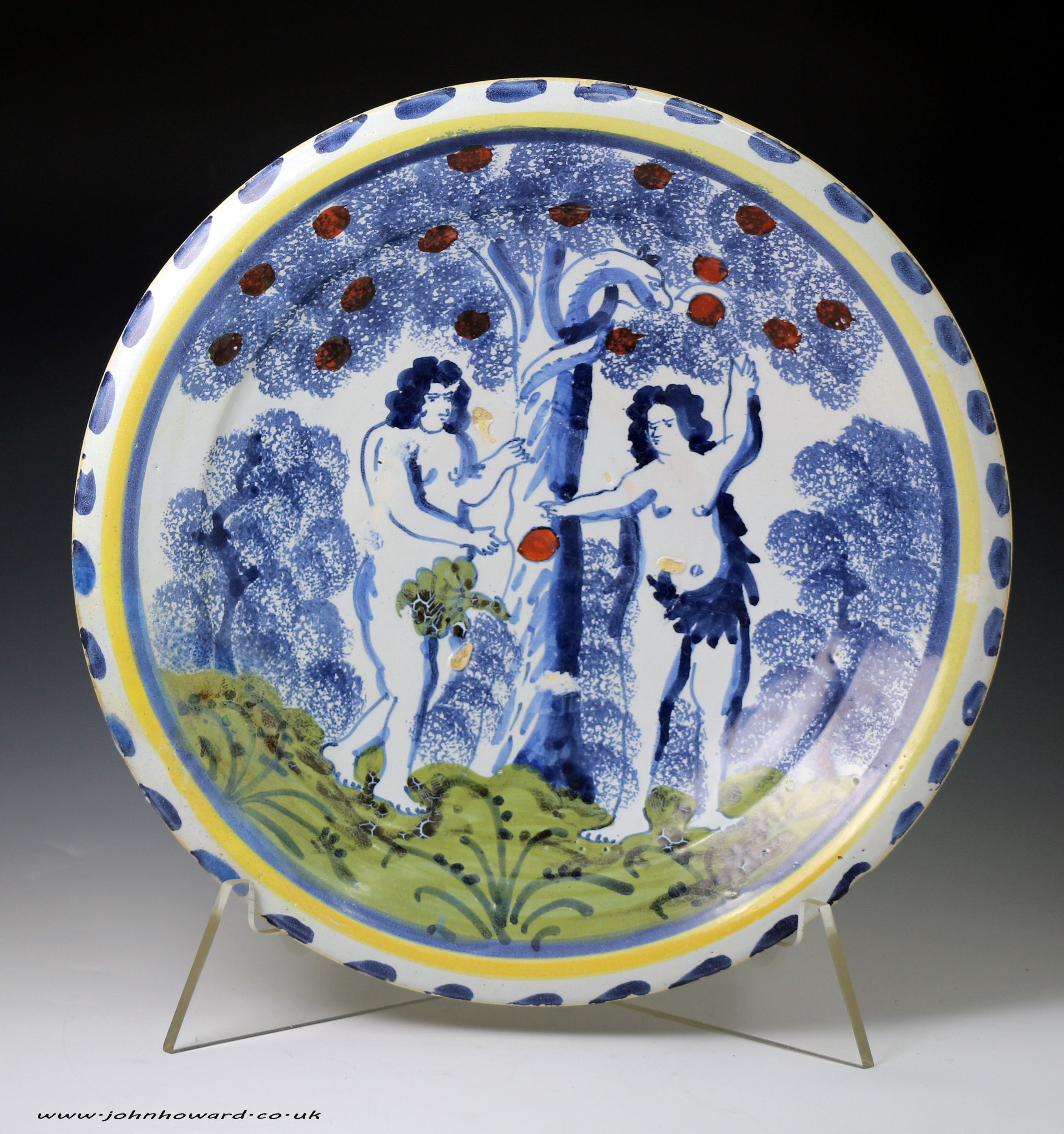English delftware blue dash charger Adam and Eve circa 1700 period