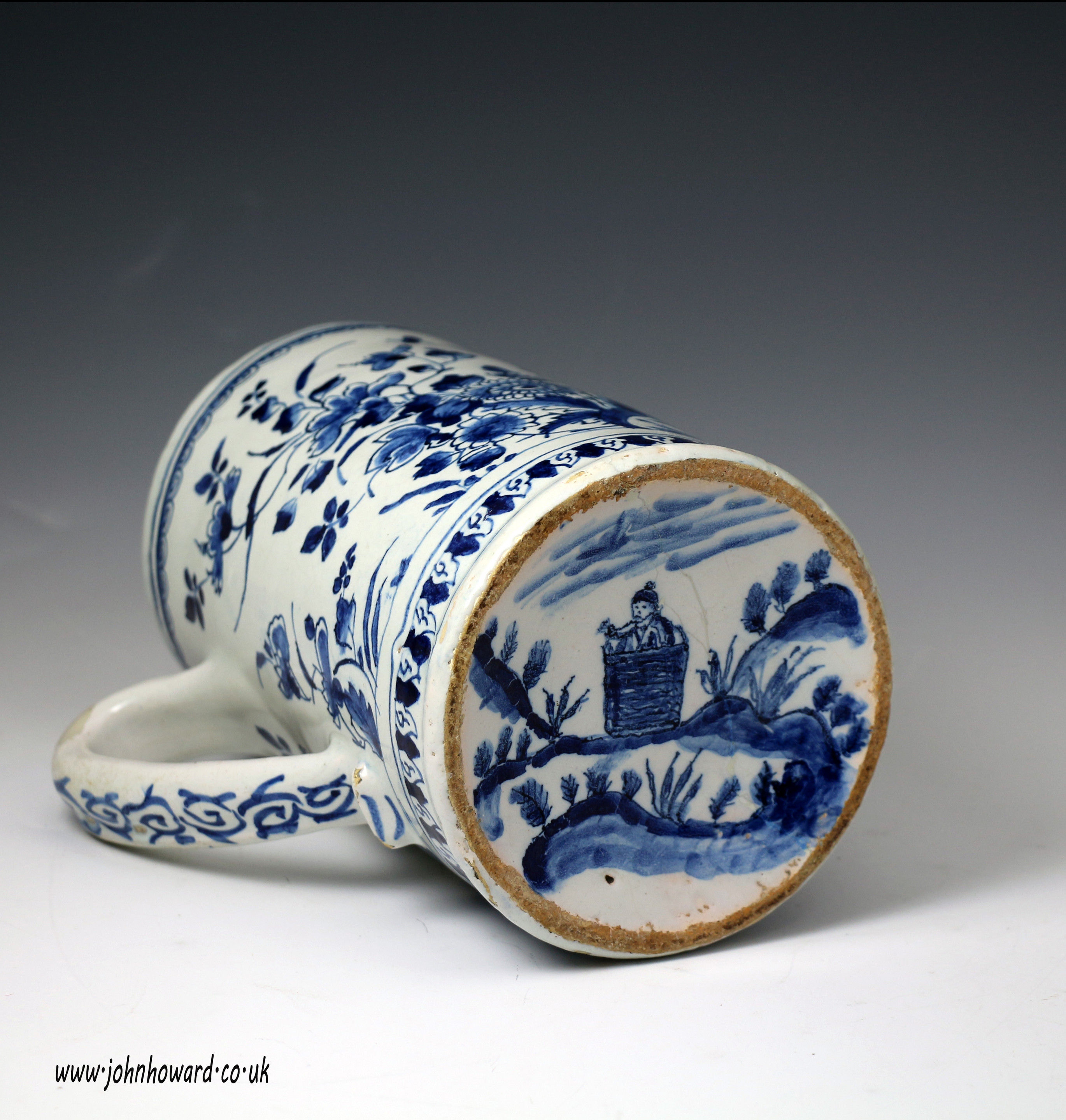 Antique English pottery delftware tankard early 18th century period.