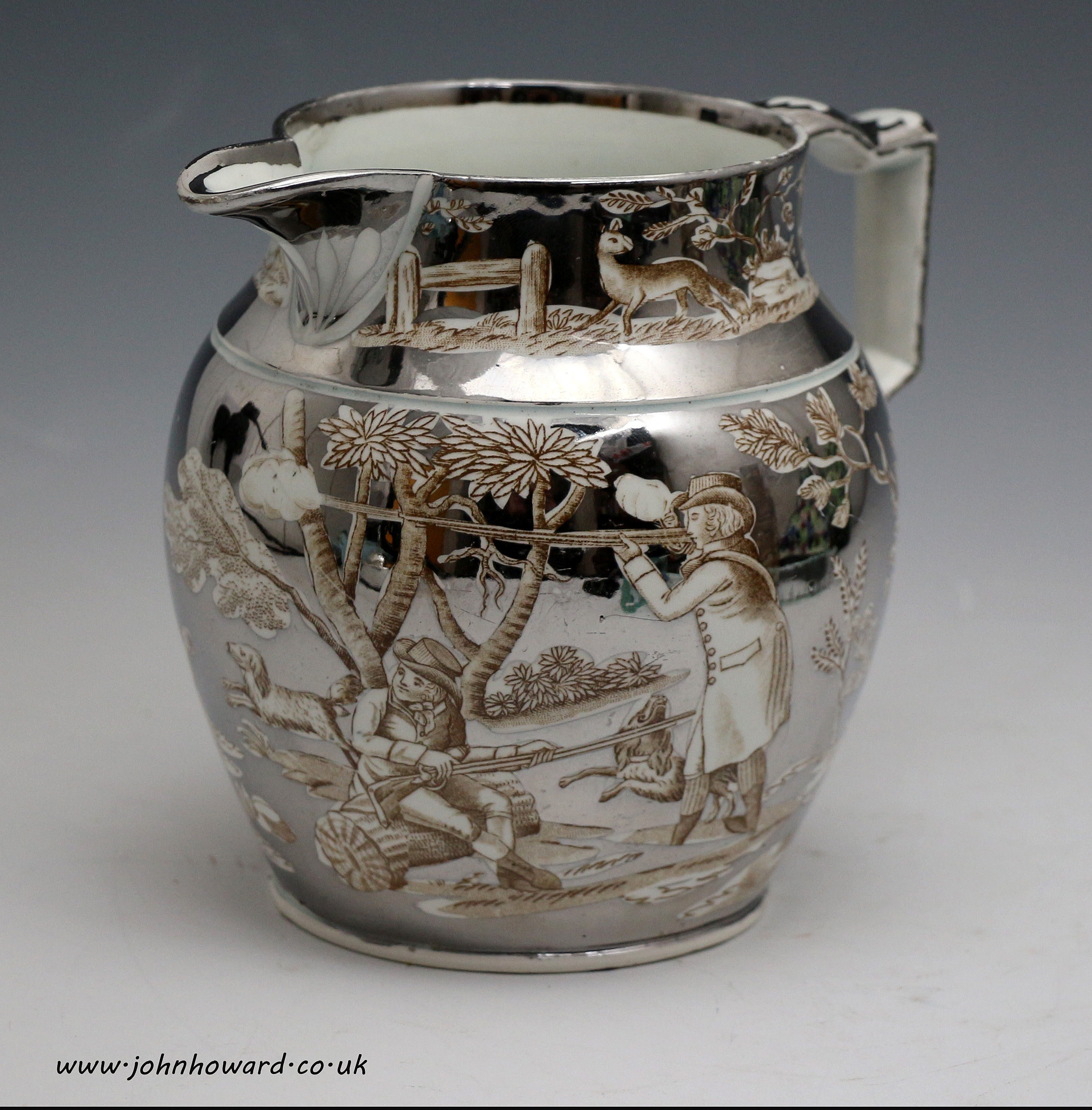 Antique English or Welsh pottery silver luster jug with underglaze sepia print circa 1815
