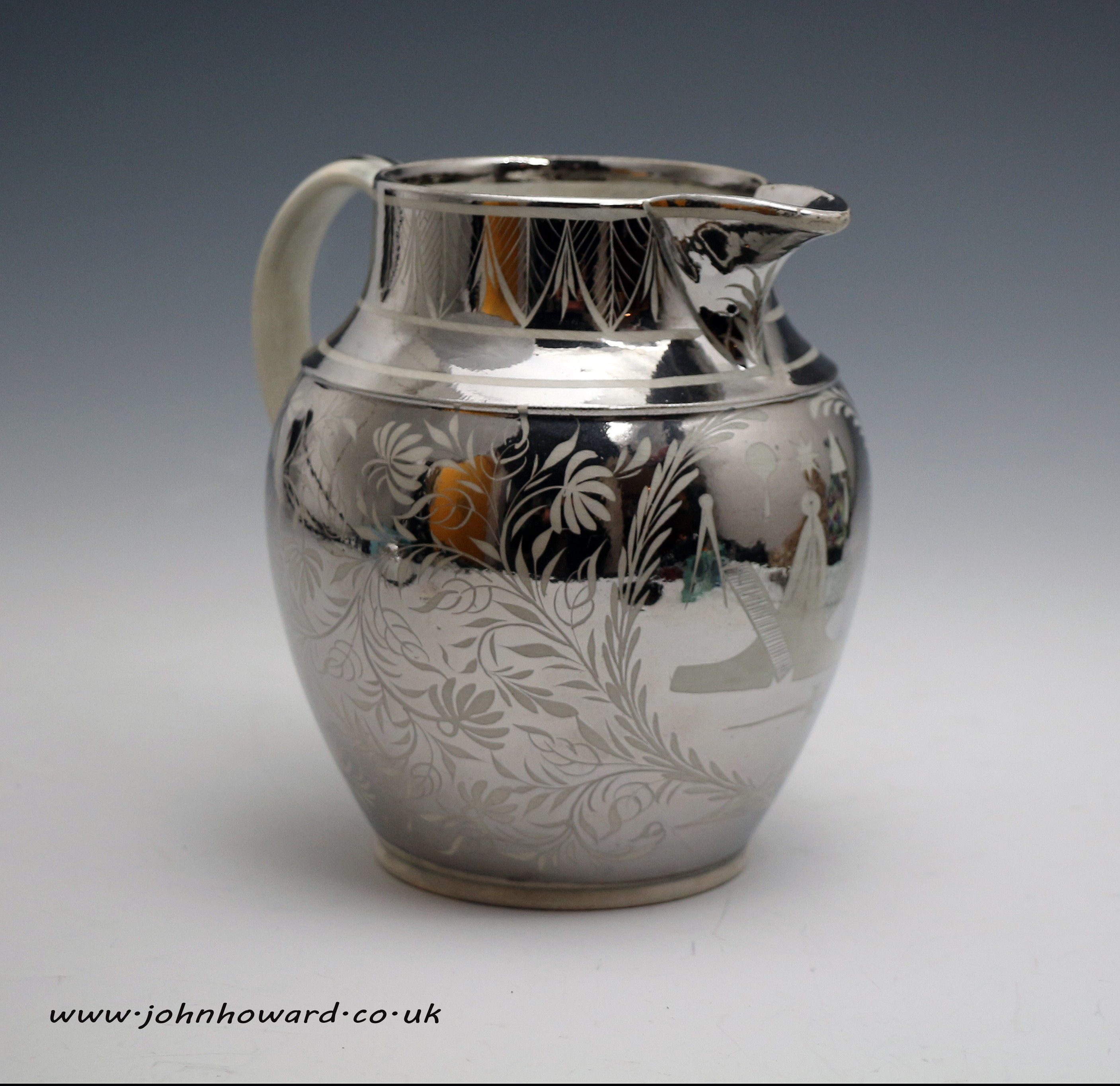 Silver luster pottery pitcher with masonic emblems. Staffordshire early 19th century antique period.