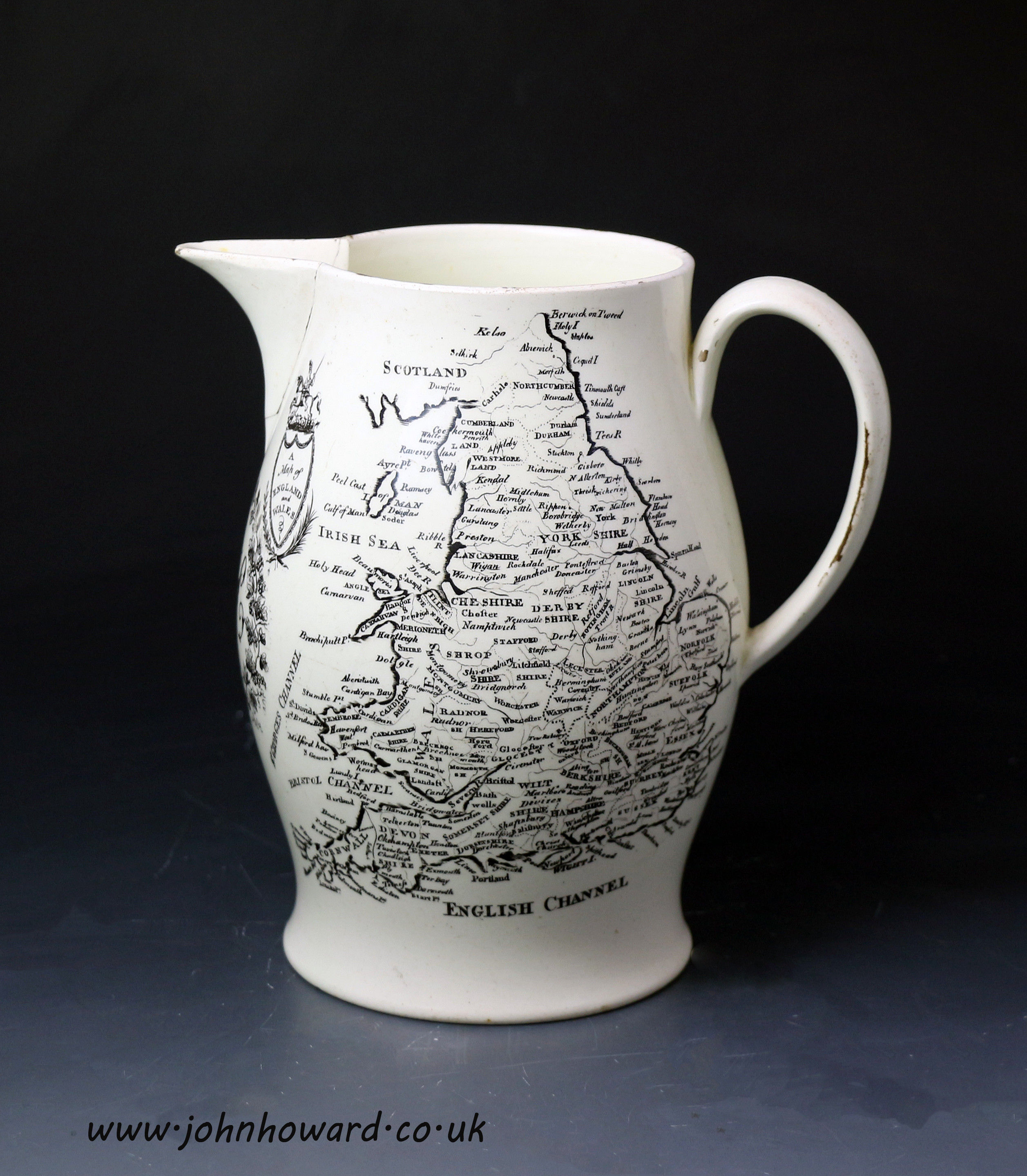 Antique English creamware pottery jug with map of England and Wales. circa1800