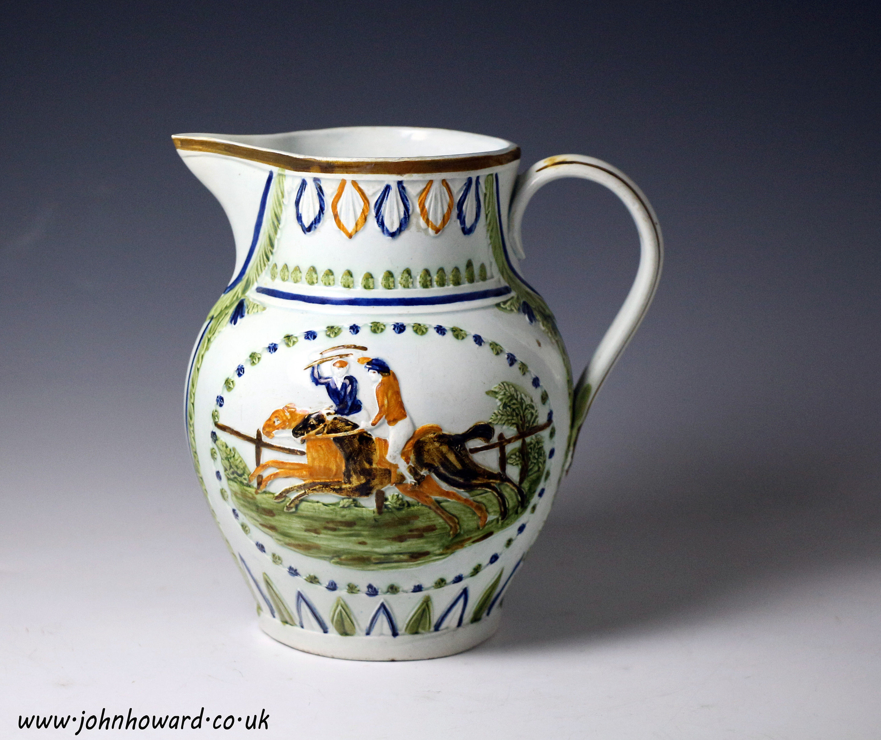 Antique English pottery prattware pitcher late 18th century period.
