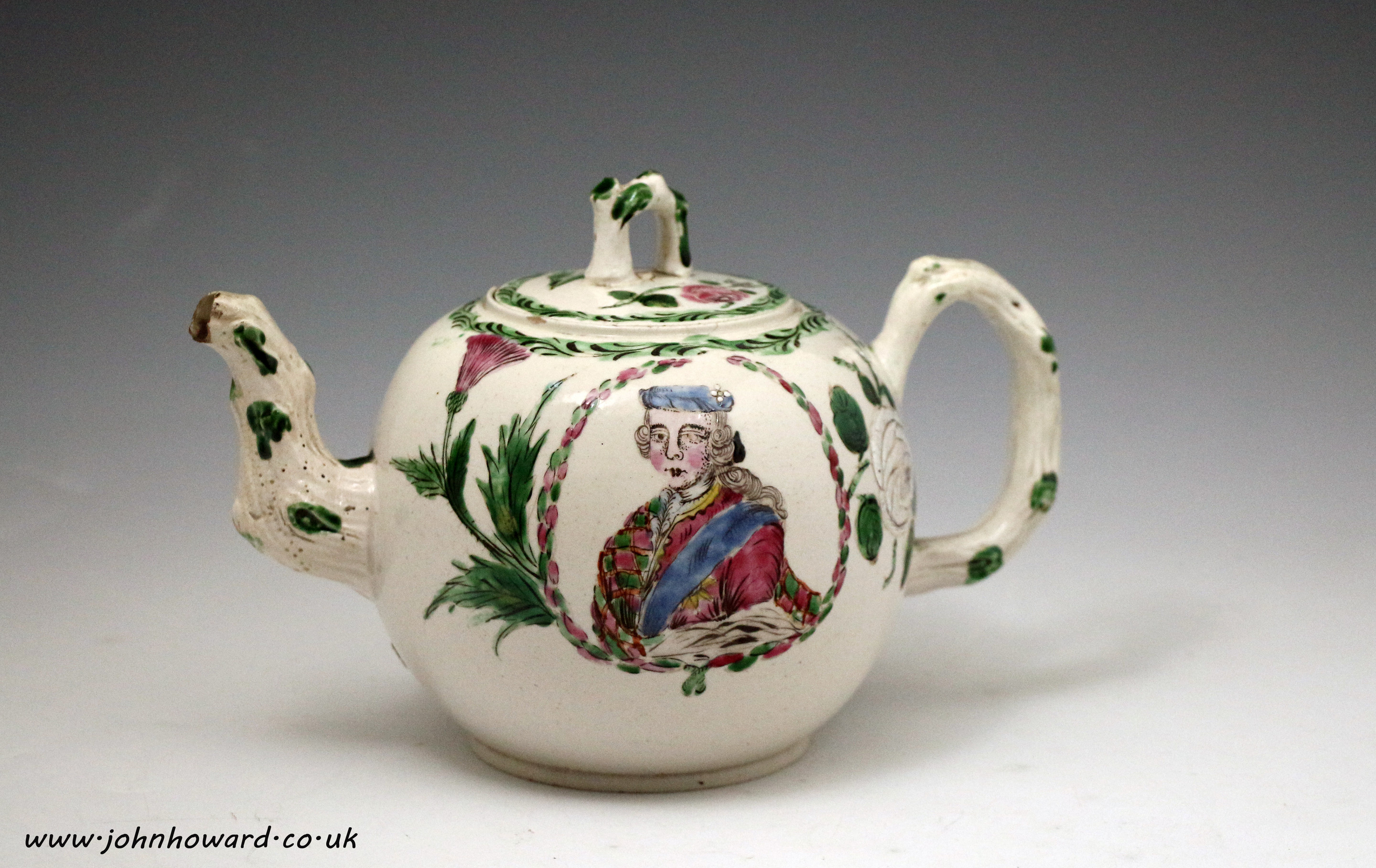 Staffordshire pottery Jacobite theme saltglaze teapot with Bonnie Prince Charlie portrait mid 18th century