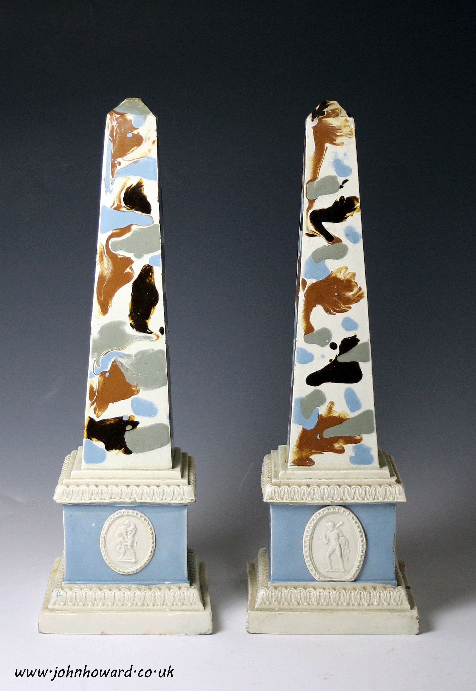 Mocha decorated pearlware obelisks .English pottery circa 1785