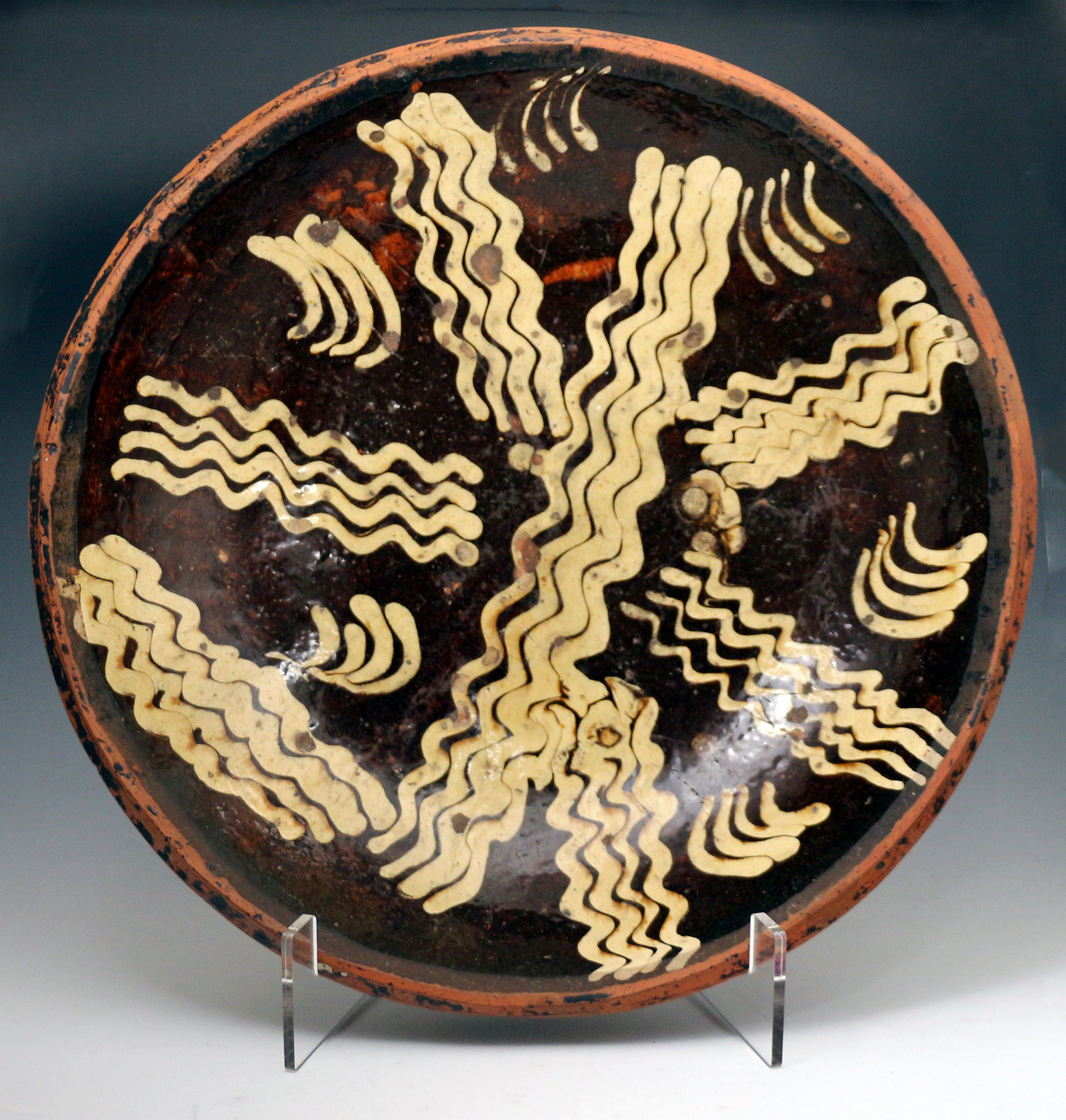 Massive English pottery slipware loaf dish, antique period late 18th century