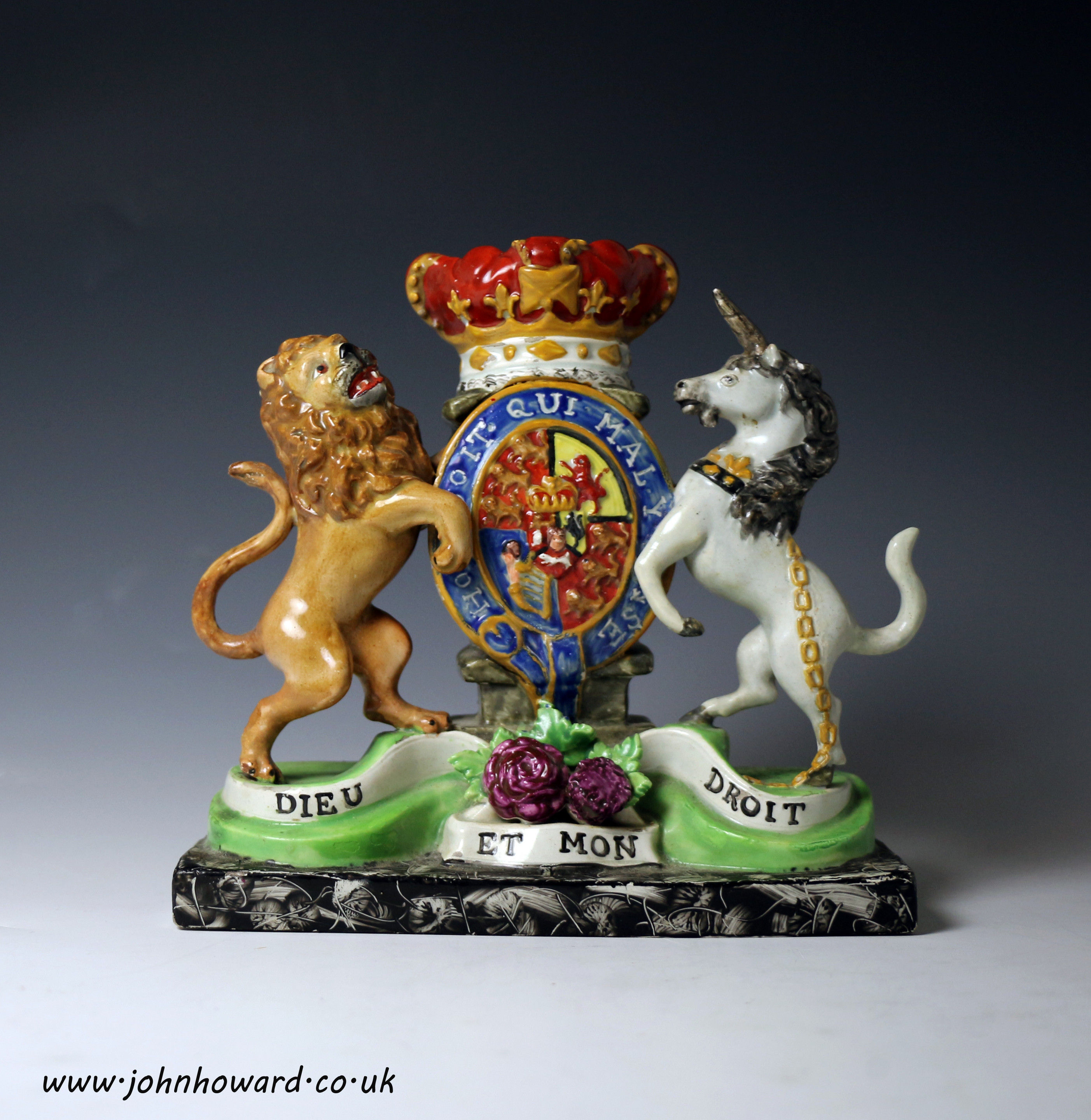 Antique Staffordshire Royal Arms figure group in pearlware marked Walton. circa 1820 period