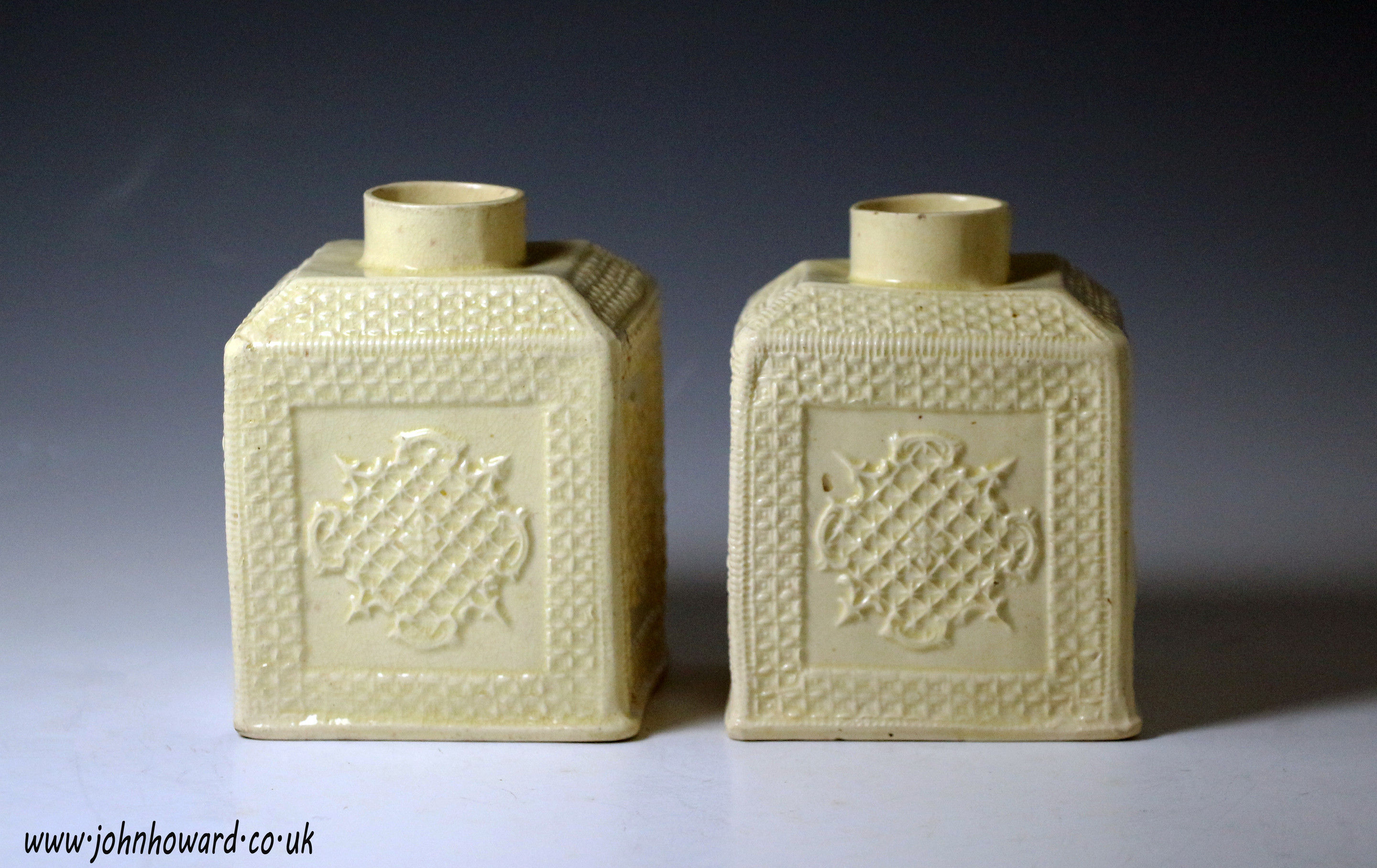 Early pair of English lead glazed creamware tea canisters circa 1755-60 period