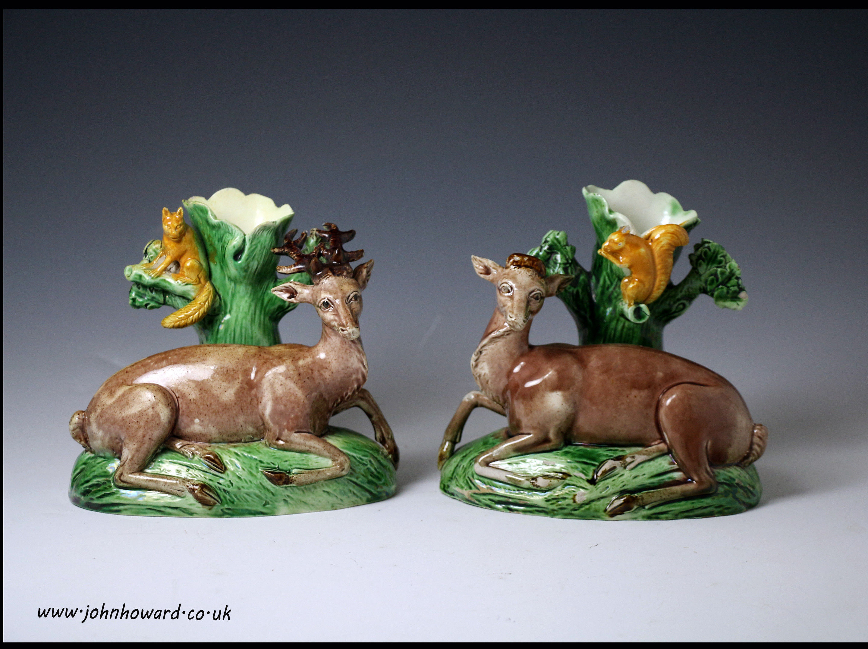 Ralph Wood of Burslem Staffordshire pair of stag and hind figures late 18th century period.