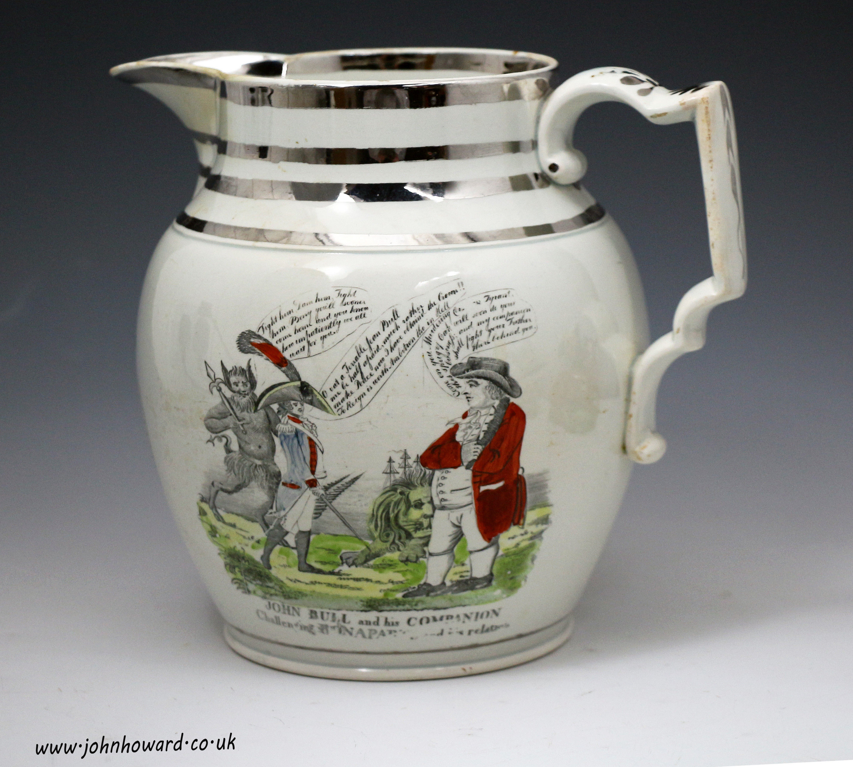 Napoleonic Cartoon pitcher with silver lustre application, English pottery c1815/20