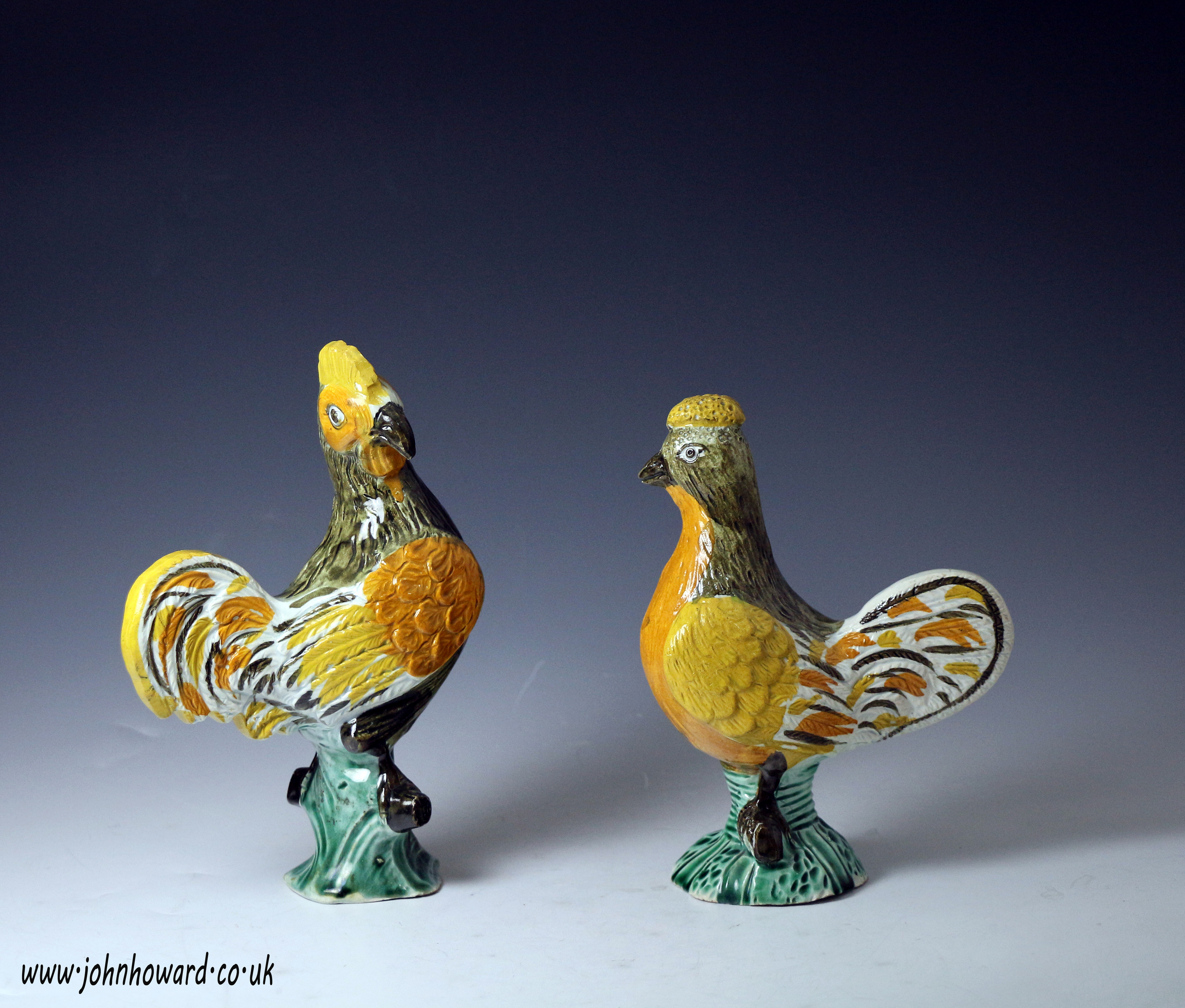 Pair of Prattware English pottery figures of a rooster and hen early 19th century