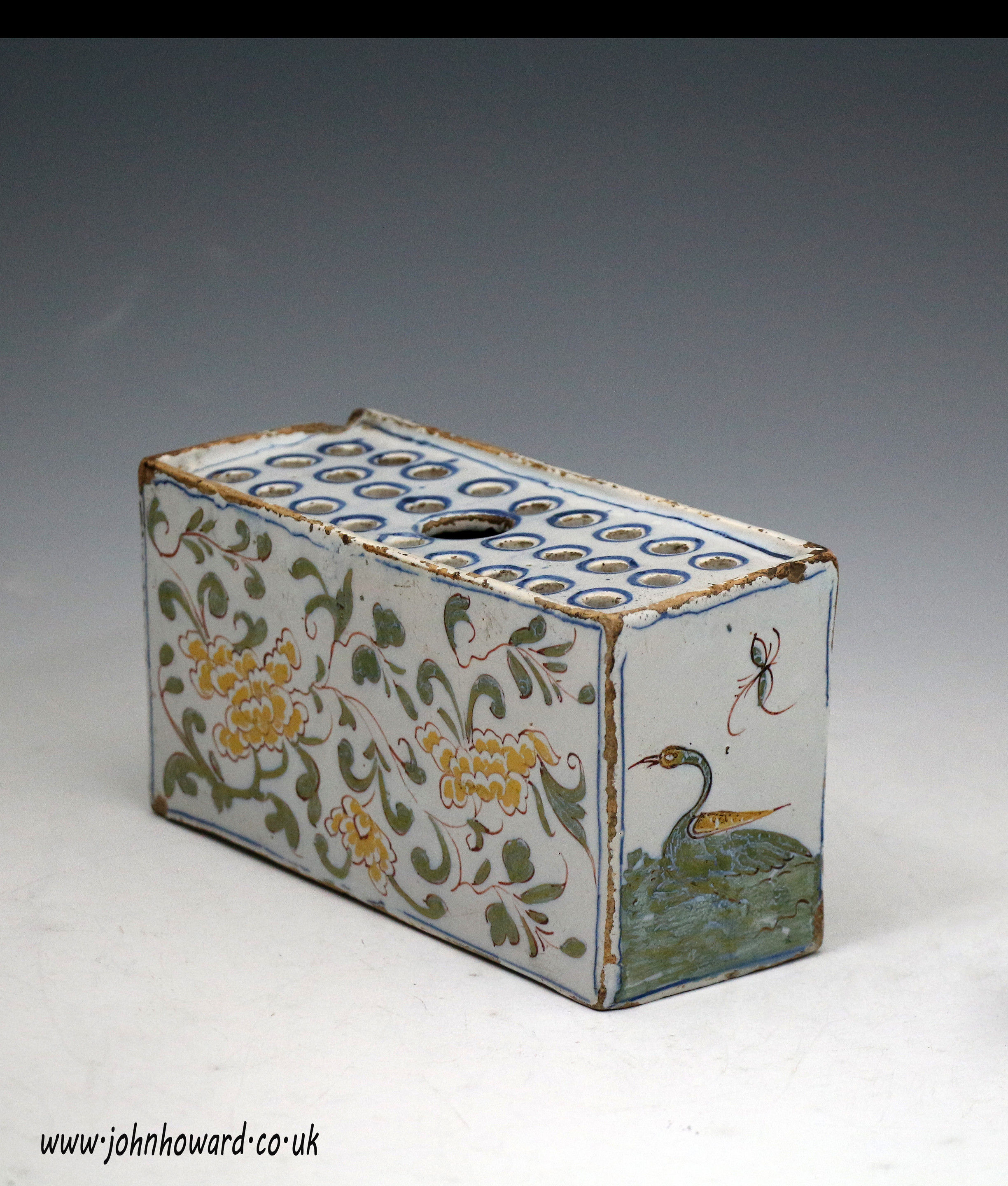 English Delftware pottery polychrome coloured flower brick early 18th century