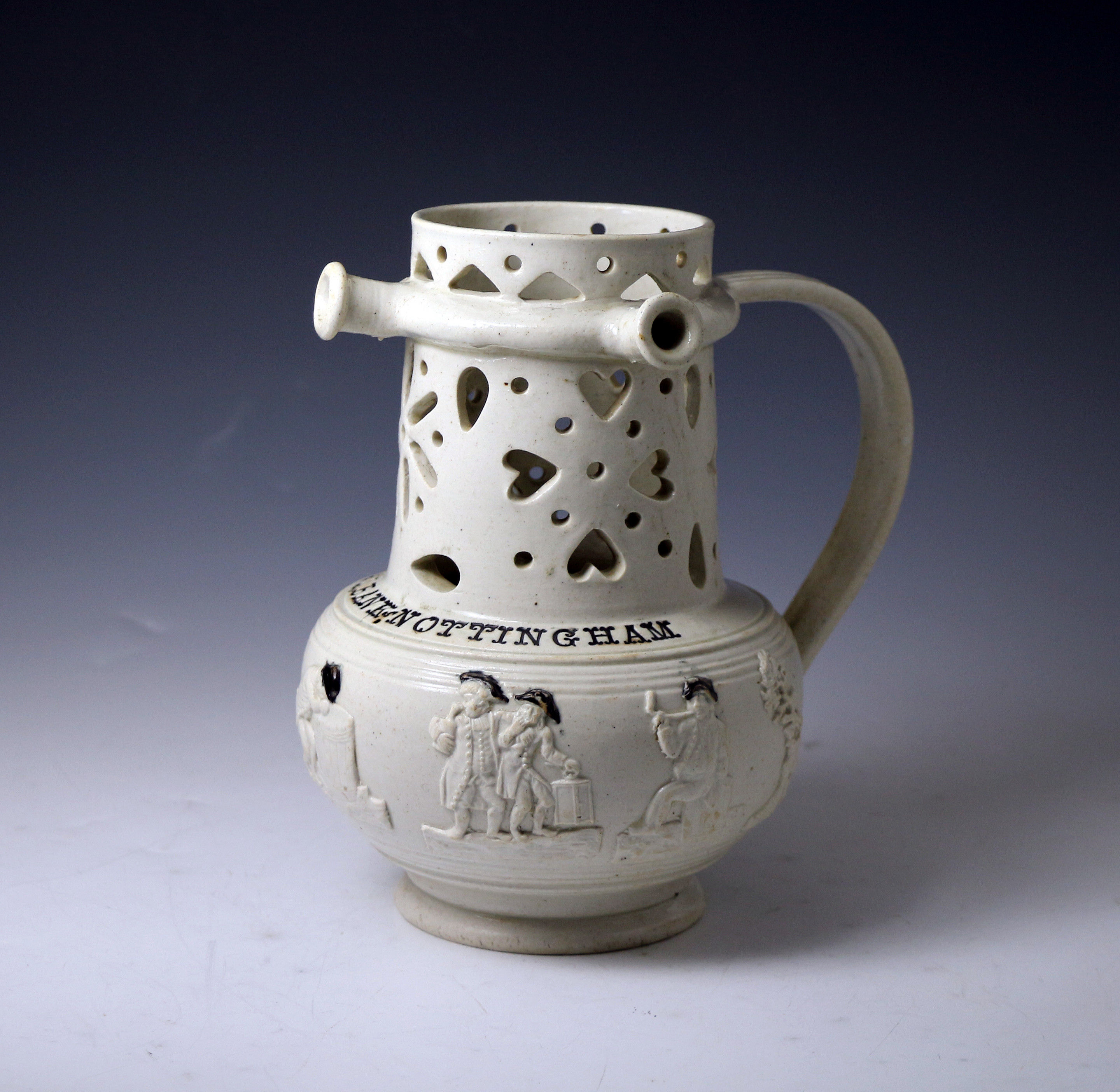 Nottingham SAltglaze puzzle jug named 