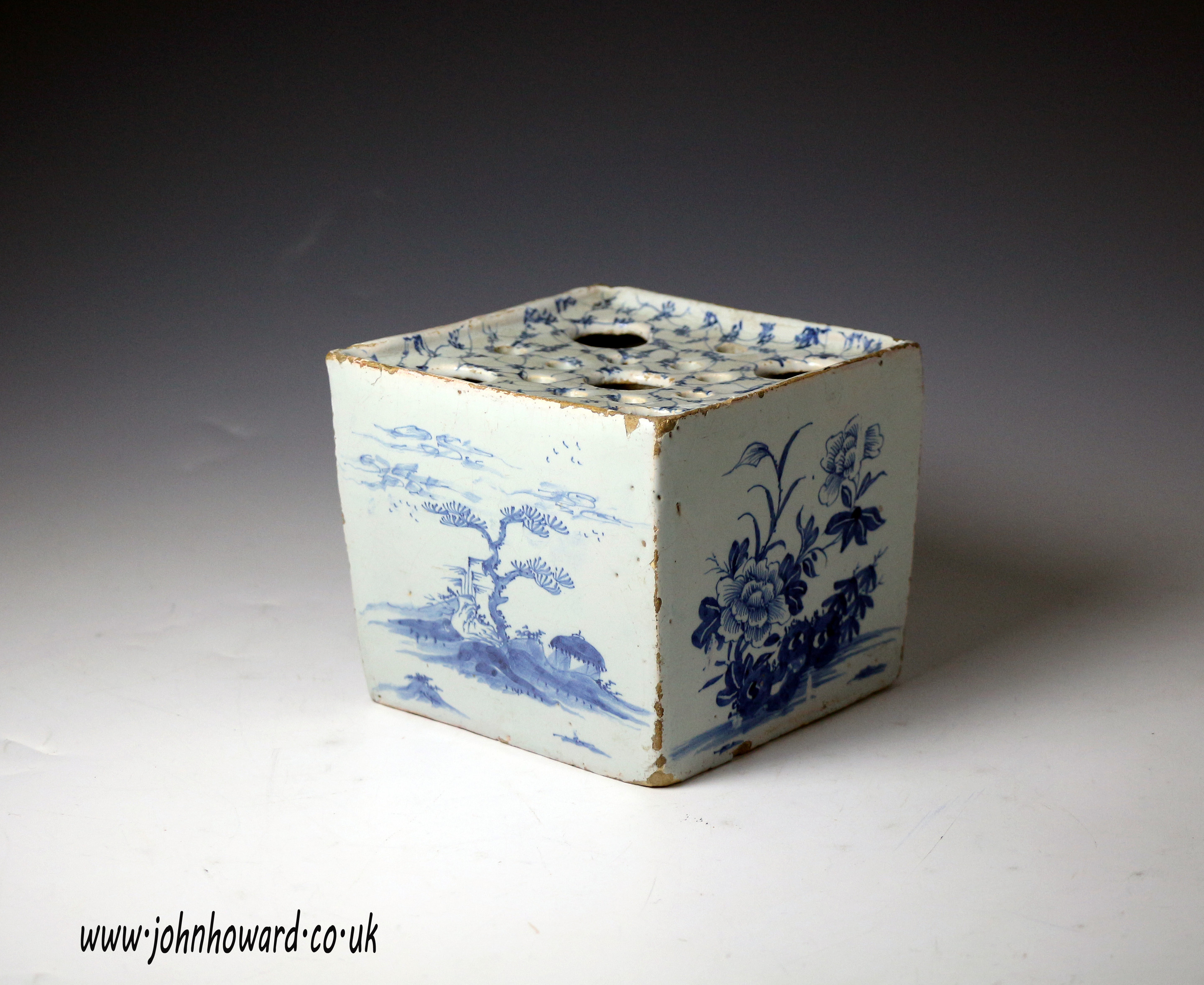 Antique English delftware square shaped flower brick   mid 18th century