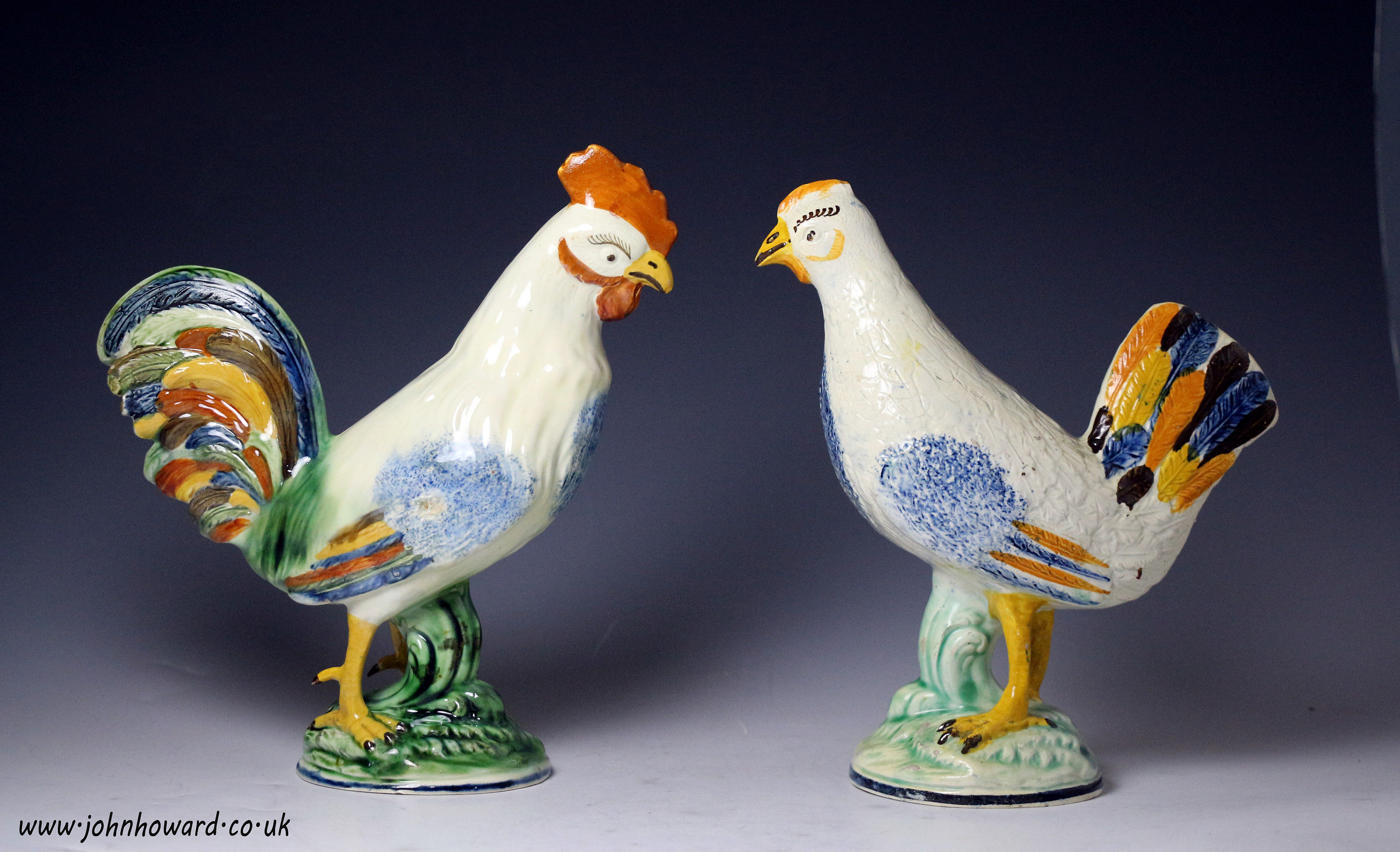  Prattware pottery figures of a rooster and hen, English  early 19th century.