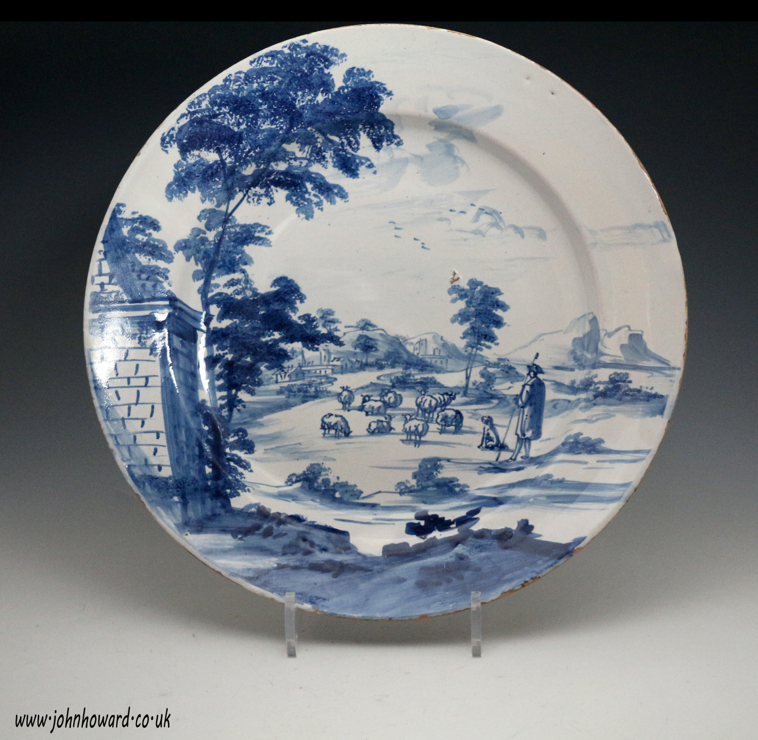 English delftware pottery blue and white plate with shepherd and his flock 18th century