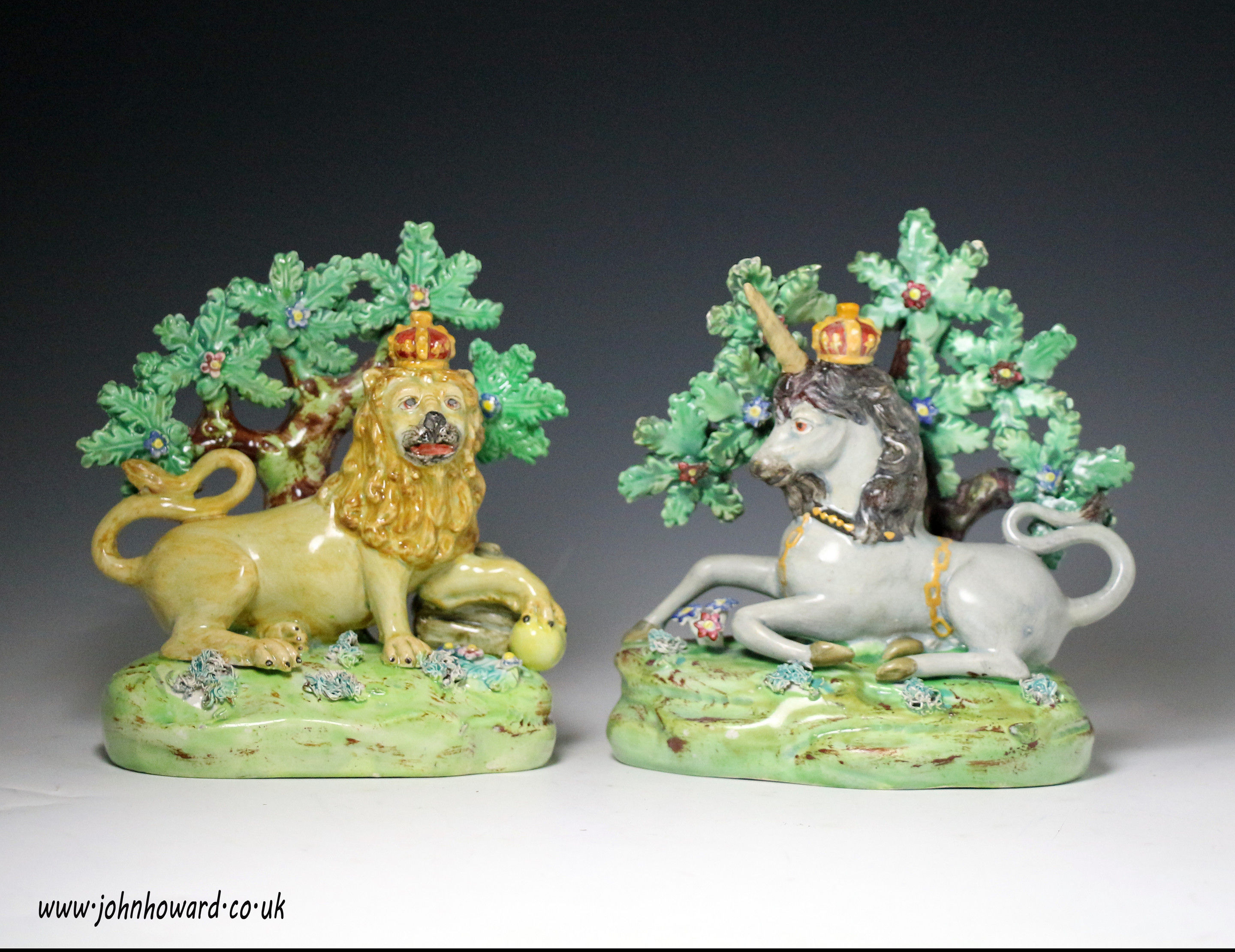 Antique Staffordshire pearlware figures of the Lion and Unicorn by John Walton c 1820