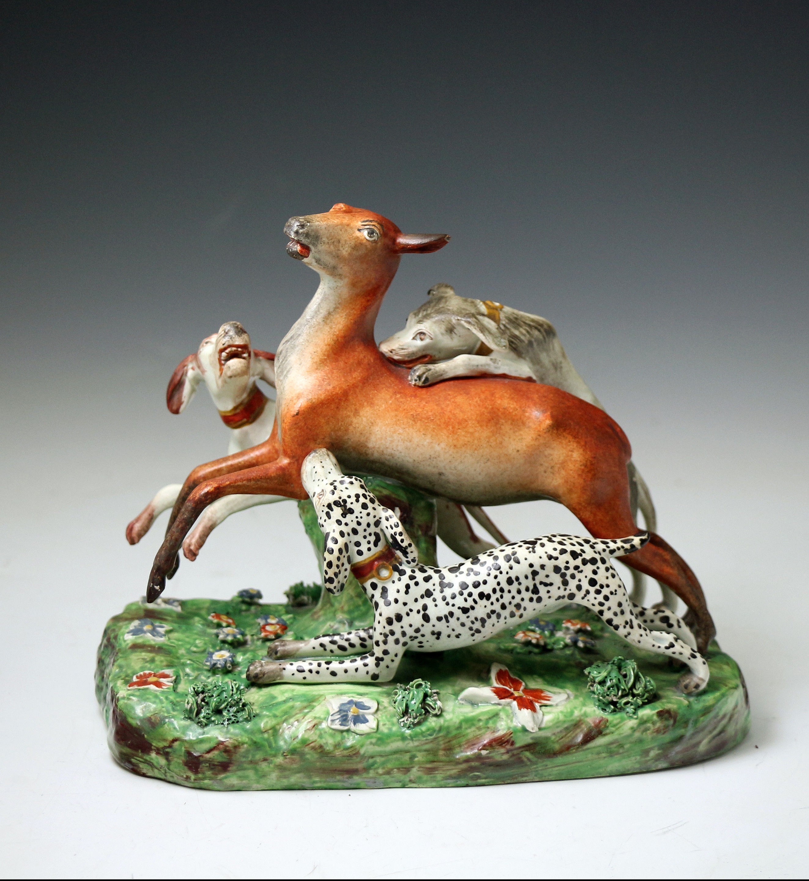Deer hunted by three dogs Staffordshire pearlware pottery figure antique period early 19thc.