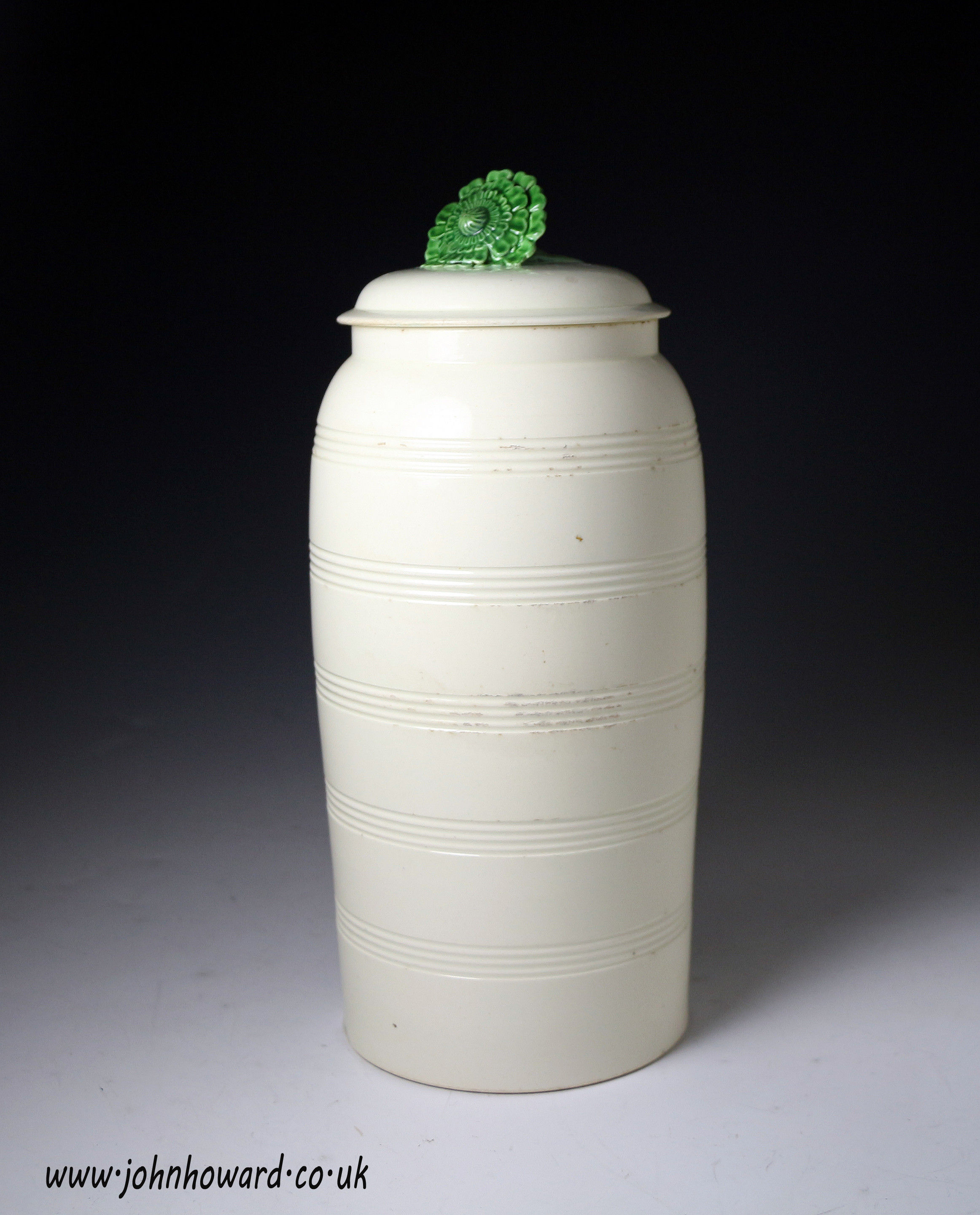 Antique period creamware pottery tower with green florette finial Hercualneum Pottery Liverpool late 18th century