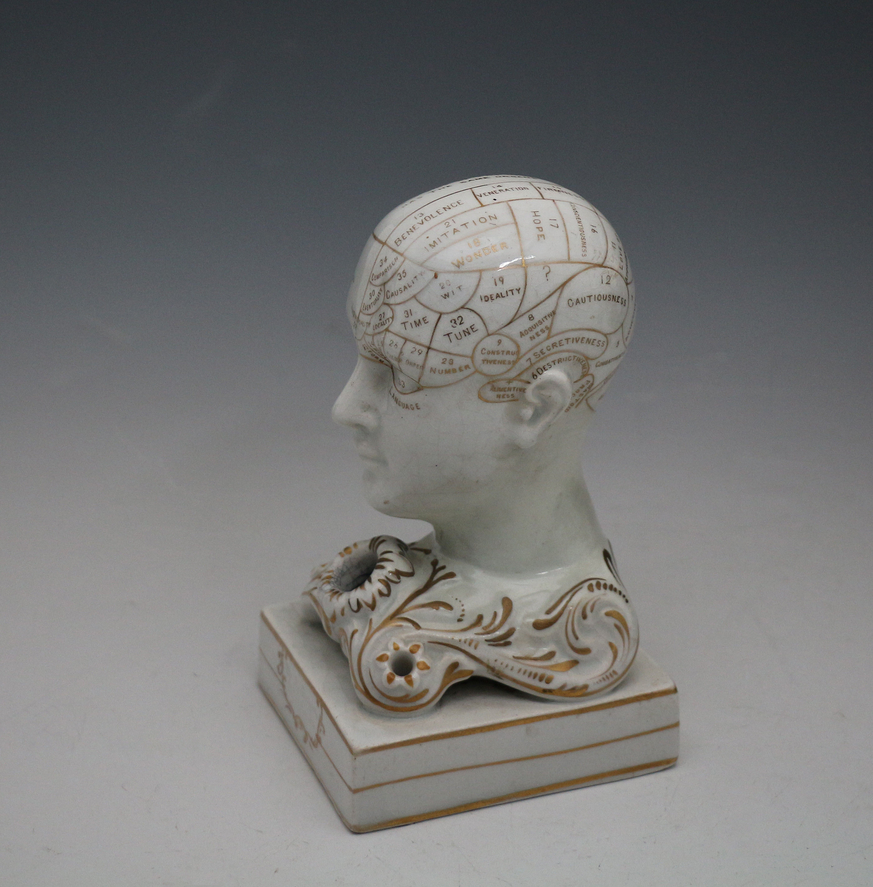 Antique English ceramic Phrenology head quill or pen and ink holder circa 1845
