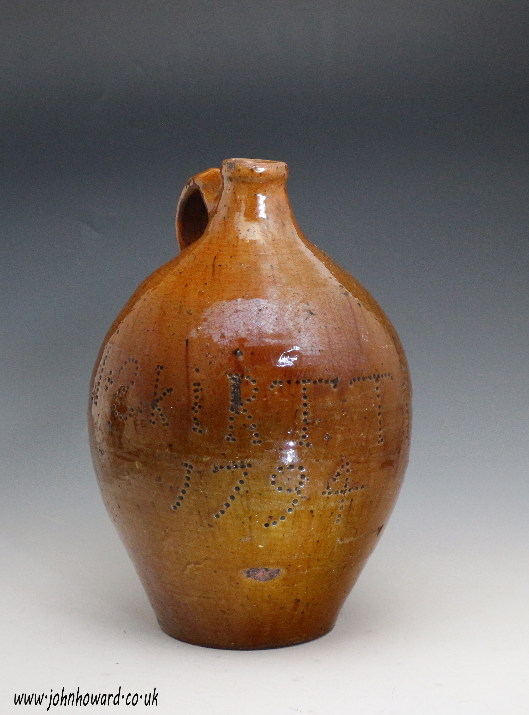 English earthenware pottery flagon inscribed I.Skirttin and the date 1794