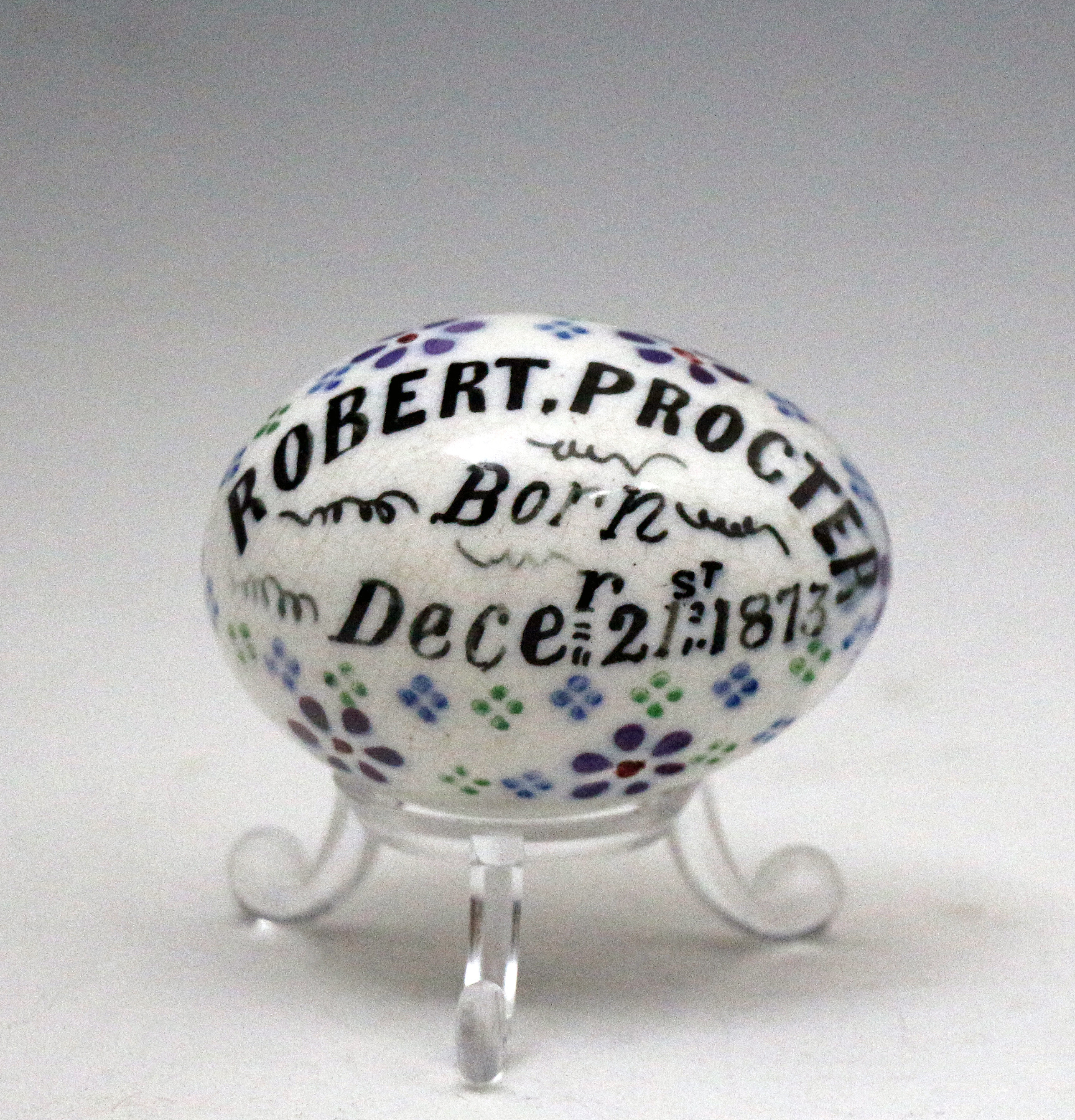 Antique Pottery egg named and dated  Robert.Procter 1873 , North East England