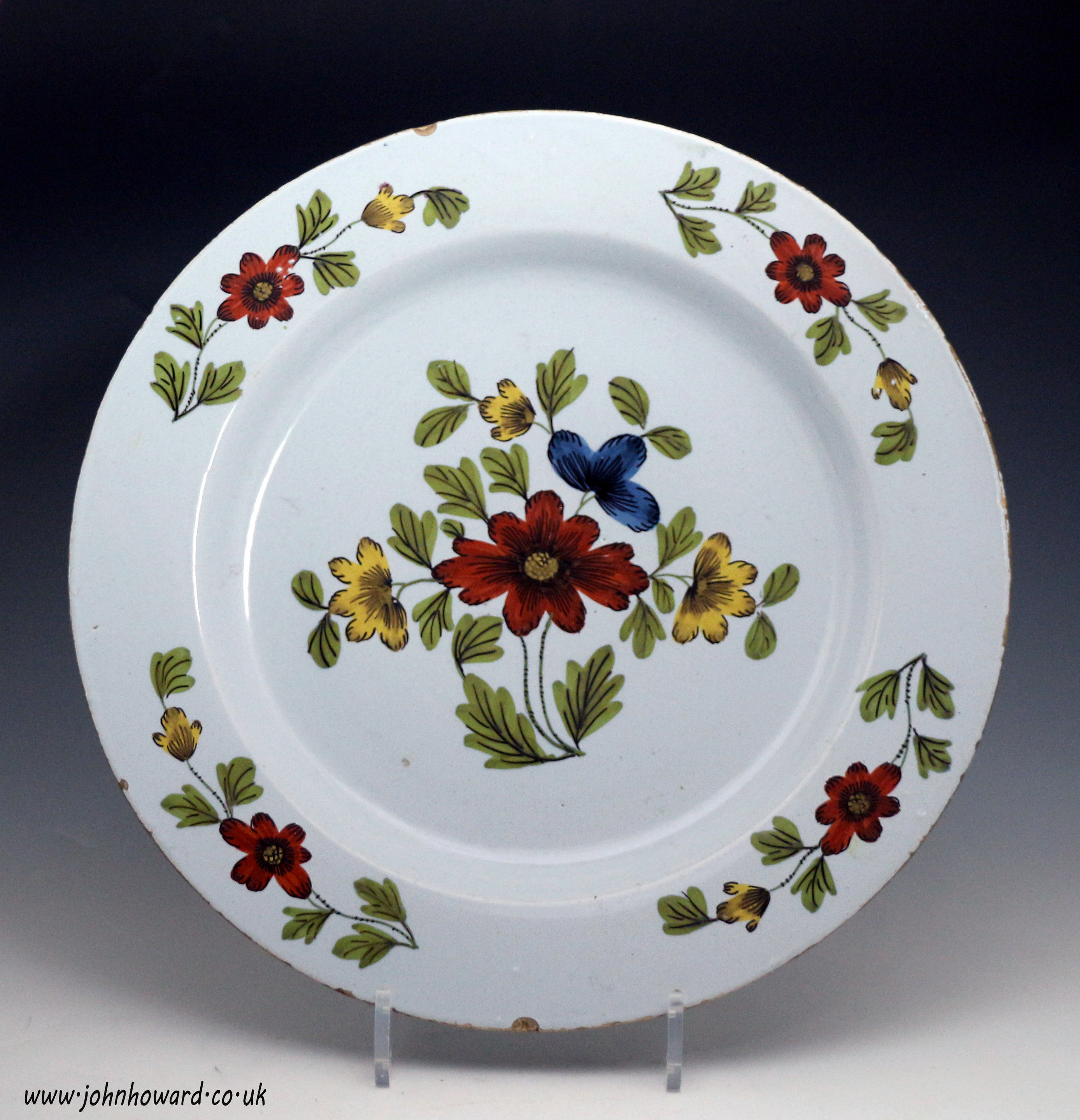 English delftware pottery charger in the Fazackerley style, antique period mid 18thc