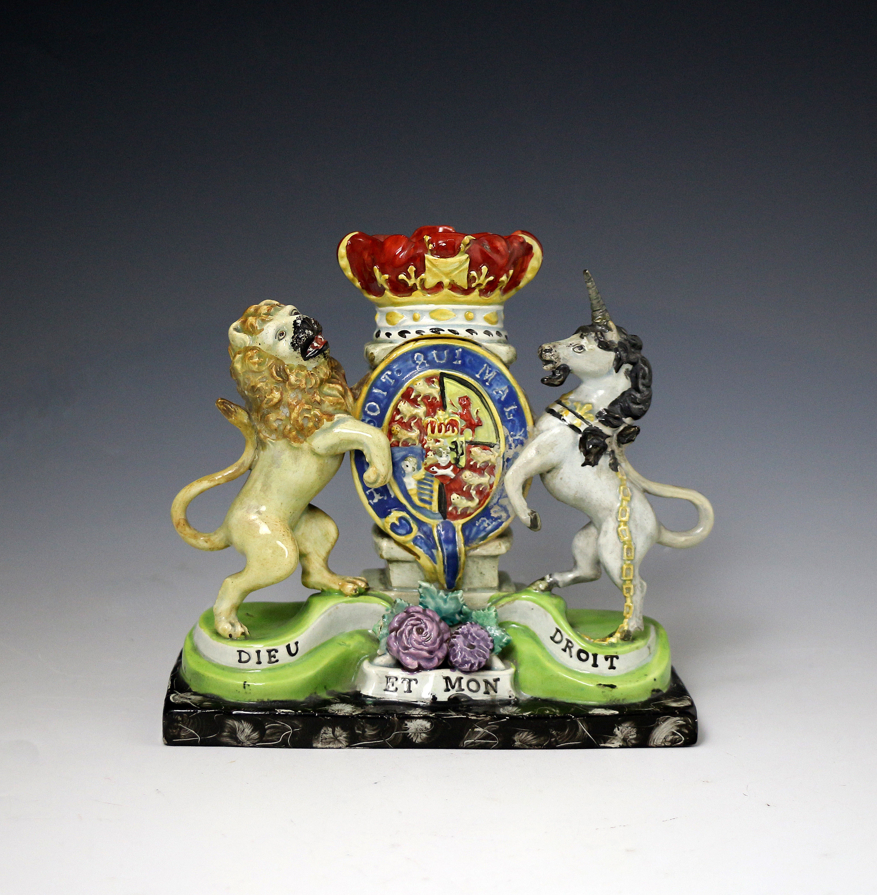 Royal Armorial, lion and unicorn Staffordshire pearlware Walton pottery circa 1820