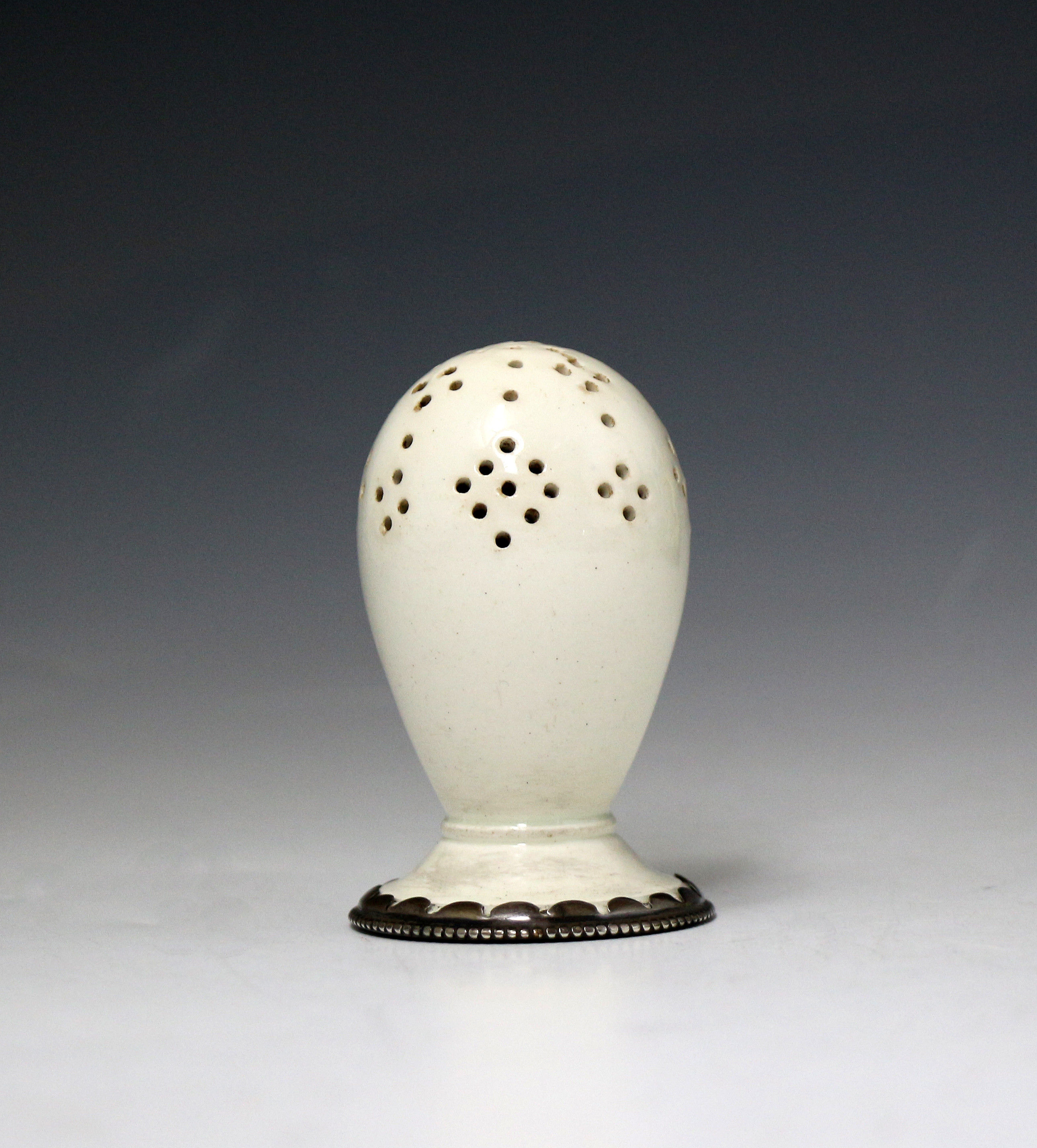 Antique Wedgwood creamware pottery sander with silver trim at base. c1775