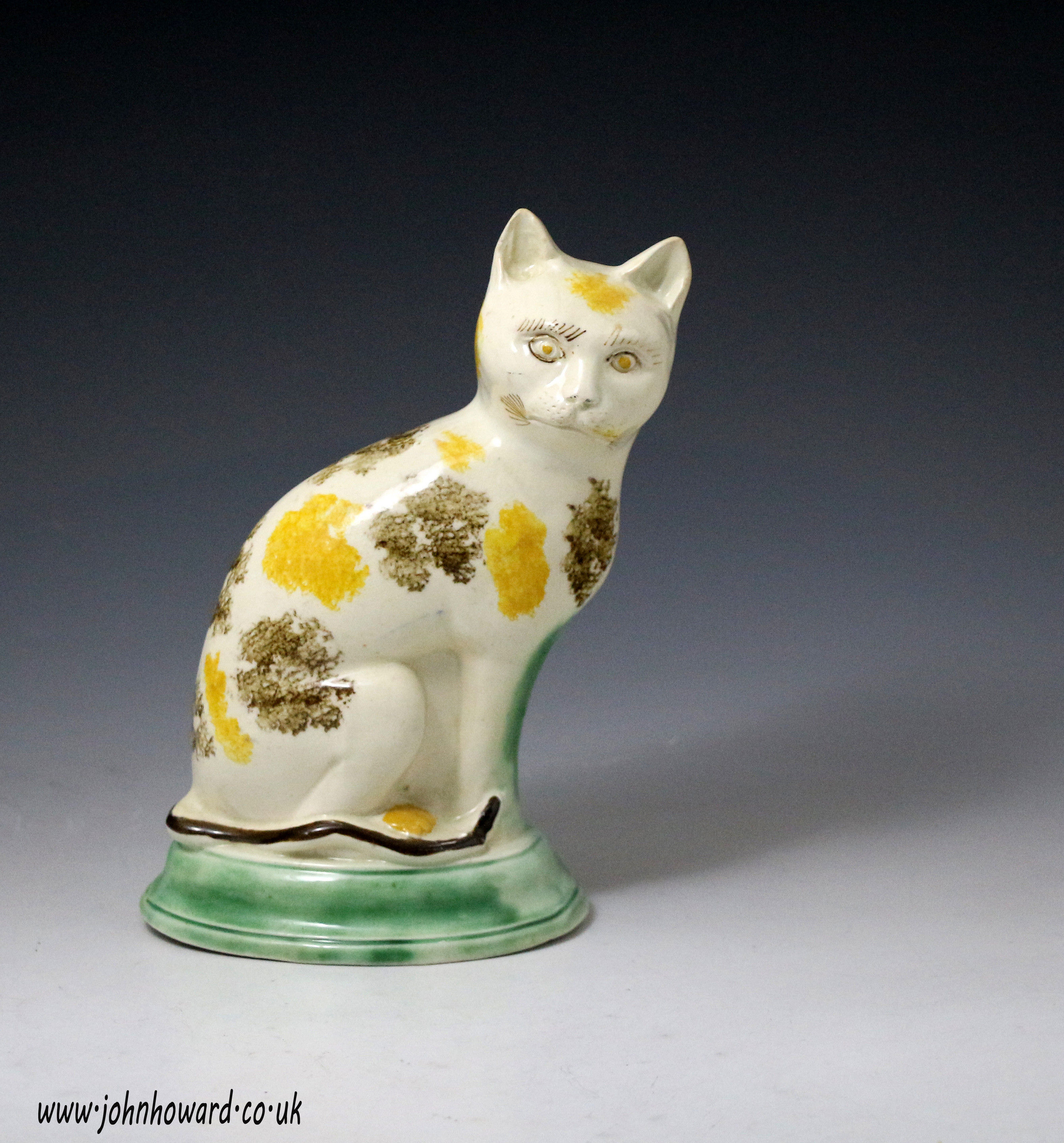 Antique English pottery figure of a seated cat with underglaze colours c1780 period  ,Staffordshire
